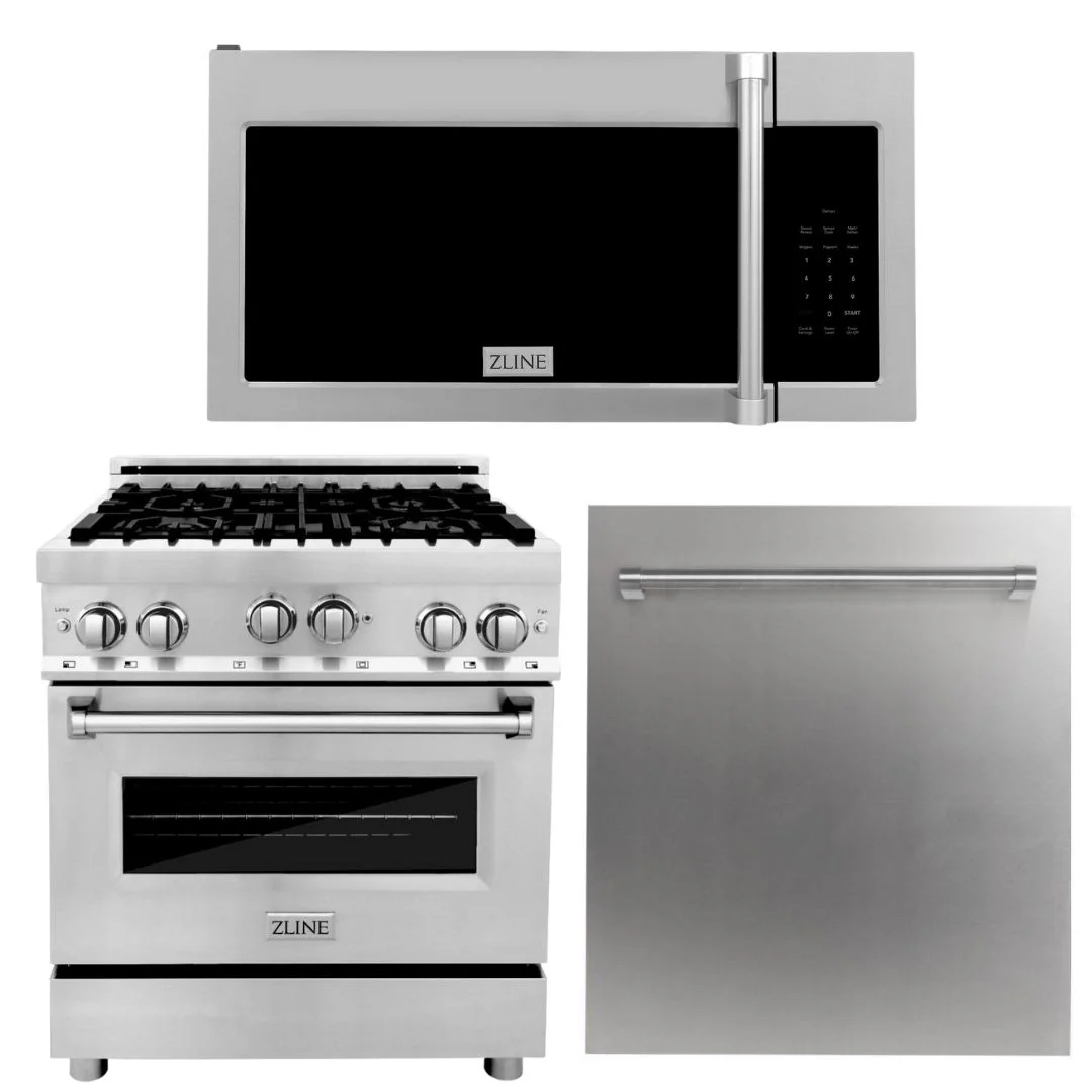 ZLINE 30 in. Kitchen Appliance Package with Stainless Steel Gas Range, Traditional Over The Range Microwave and Dishwasher, 3KP-RGOTRH30-DW - Inhomebuy