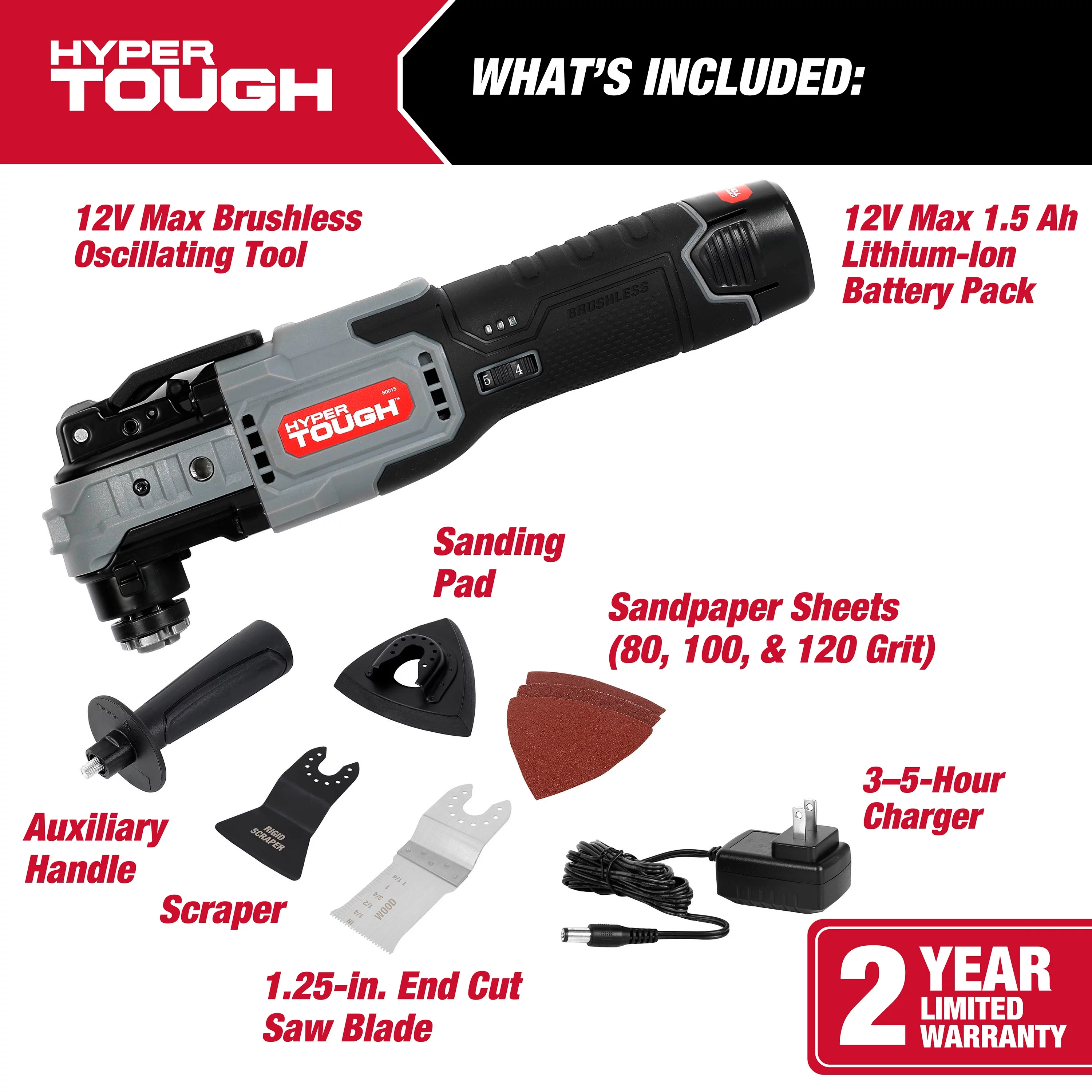 Hyper Tough 12V Max Lithium-Ion Brushless Oscillating Multi-Tool with 1.5Ah Battery and Charger, 80015 - Inhomebuy
