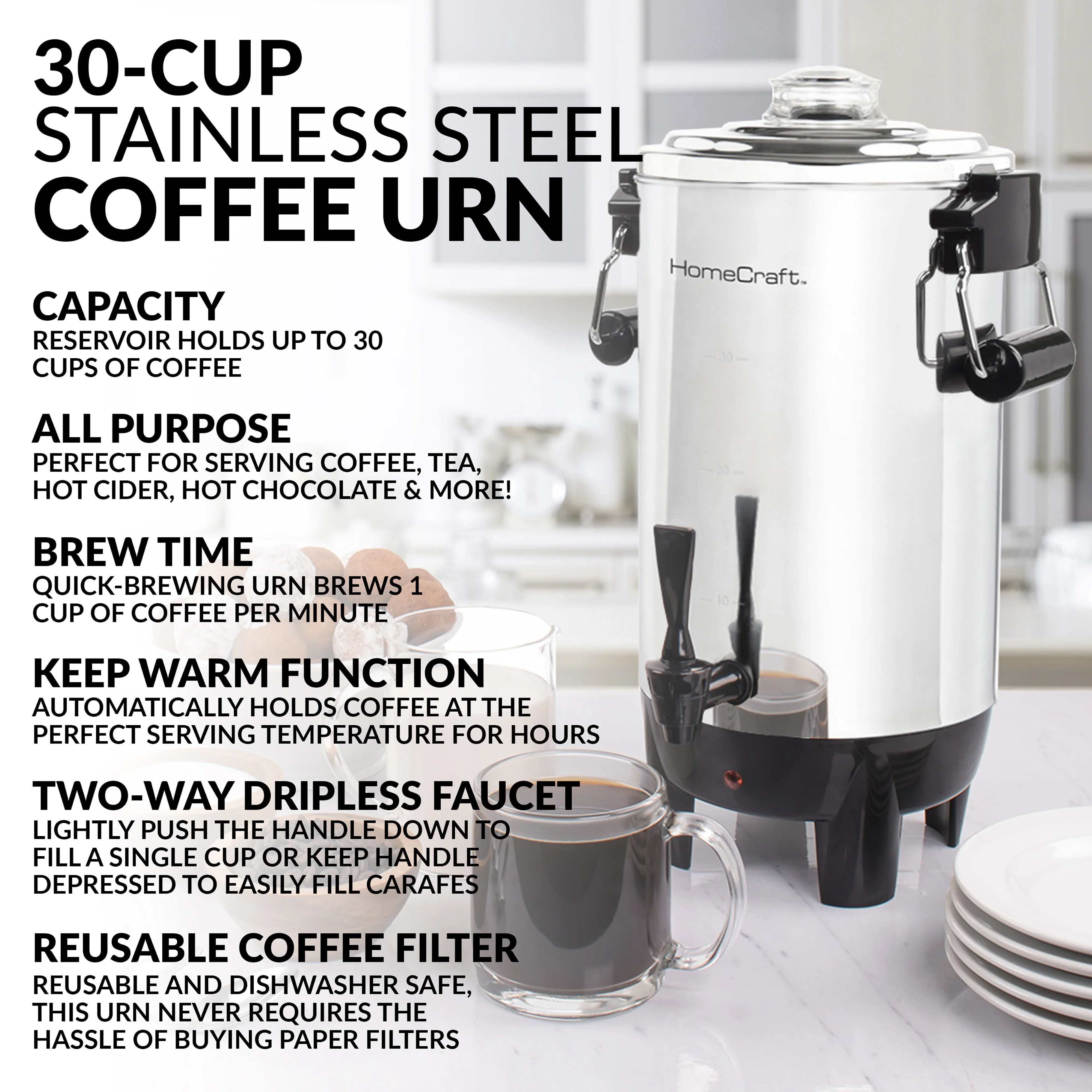 HomeCraft Quick-Brewing 1000-Watt Automatic 30-Cup Coffee Urn - Stainless Steel - Inhomebuy