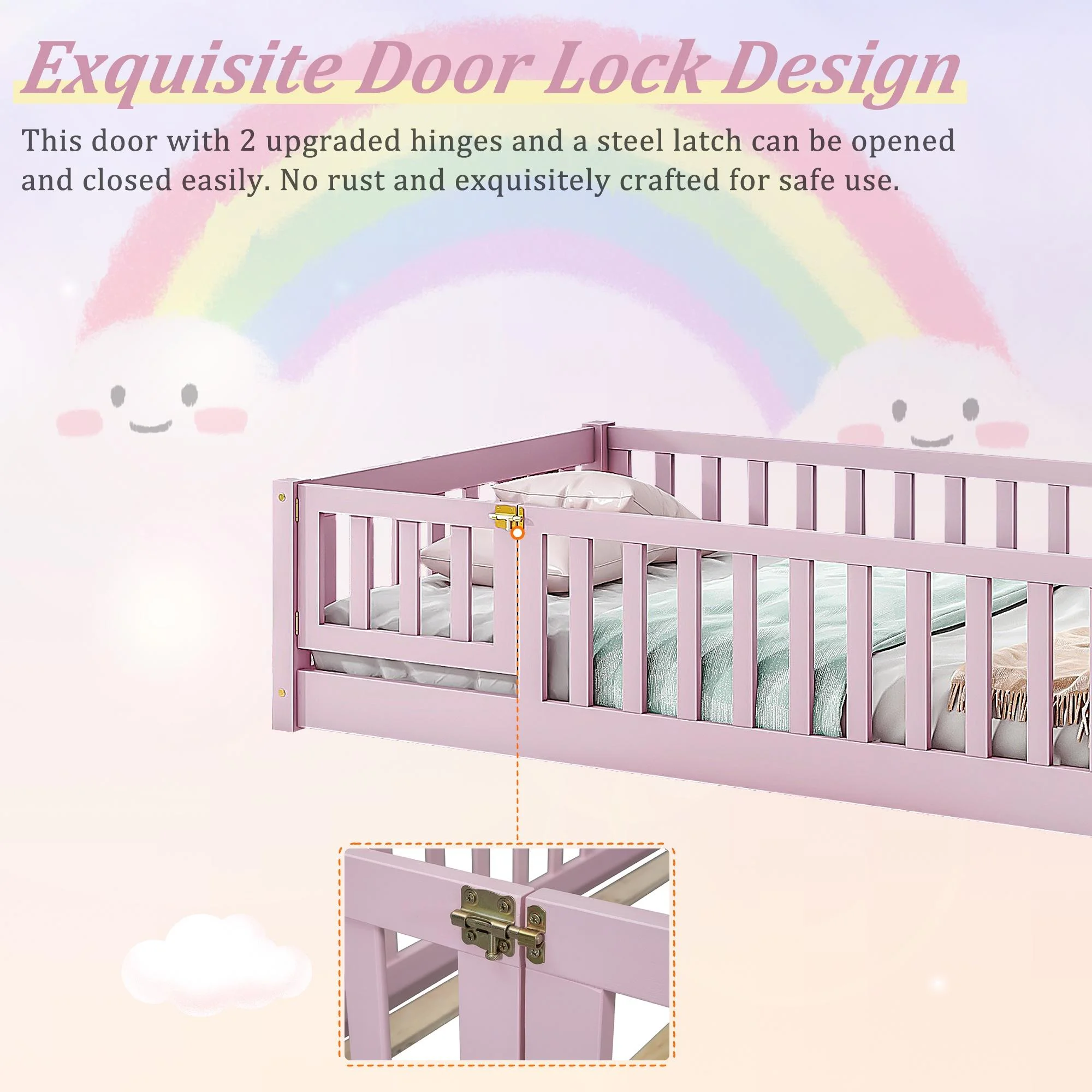 uhomepro Kids Toddler Bed with Fence and Door, Full Size Platform Bed Floor Bed, Wood Bed Frame No Box Spring Needed, Gray - Inhomebuy