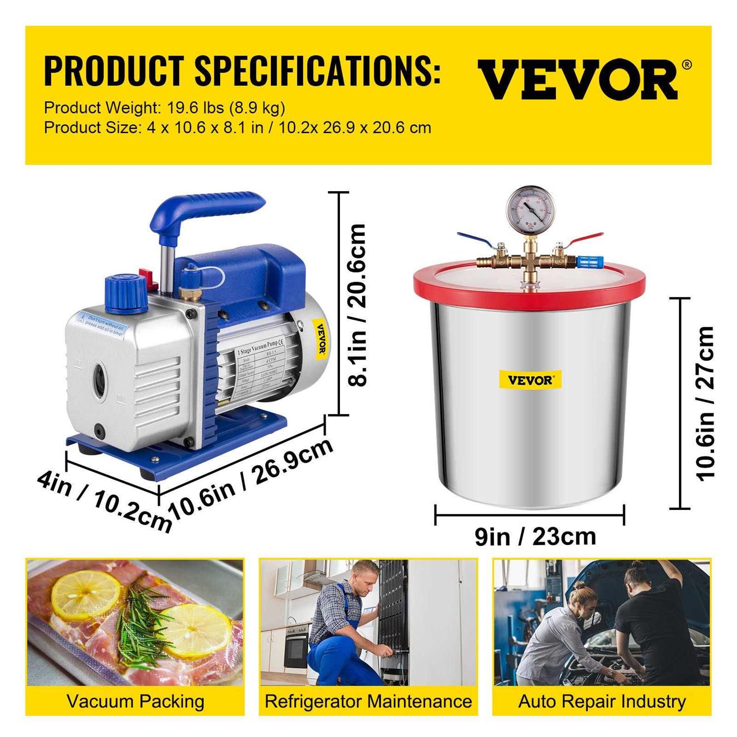 VEVOR Vacuum Pump 3 Gallon Stainless Steel Vacuum Degassing Chamber Kit 3CFM Vacuum Pump QCKTZKB3JLBXGT3CFV1 - Inhomebuy