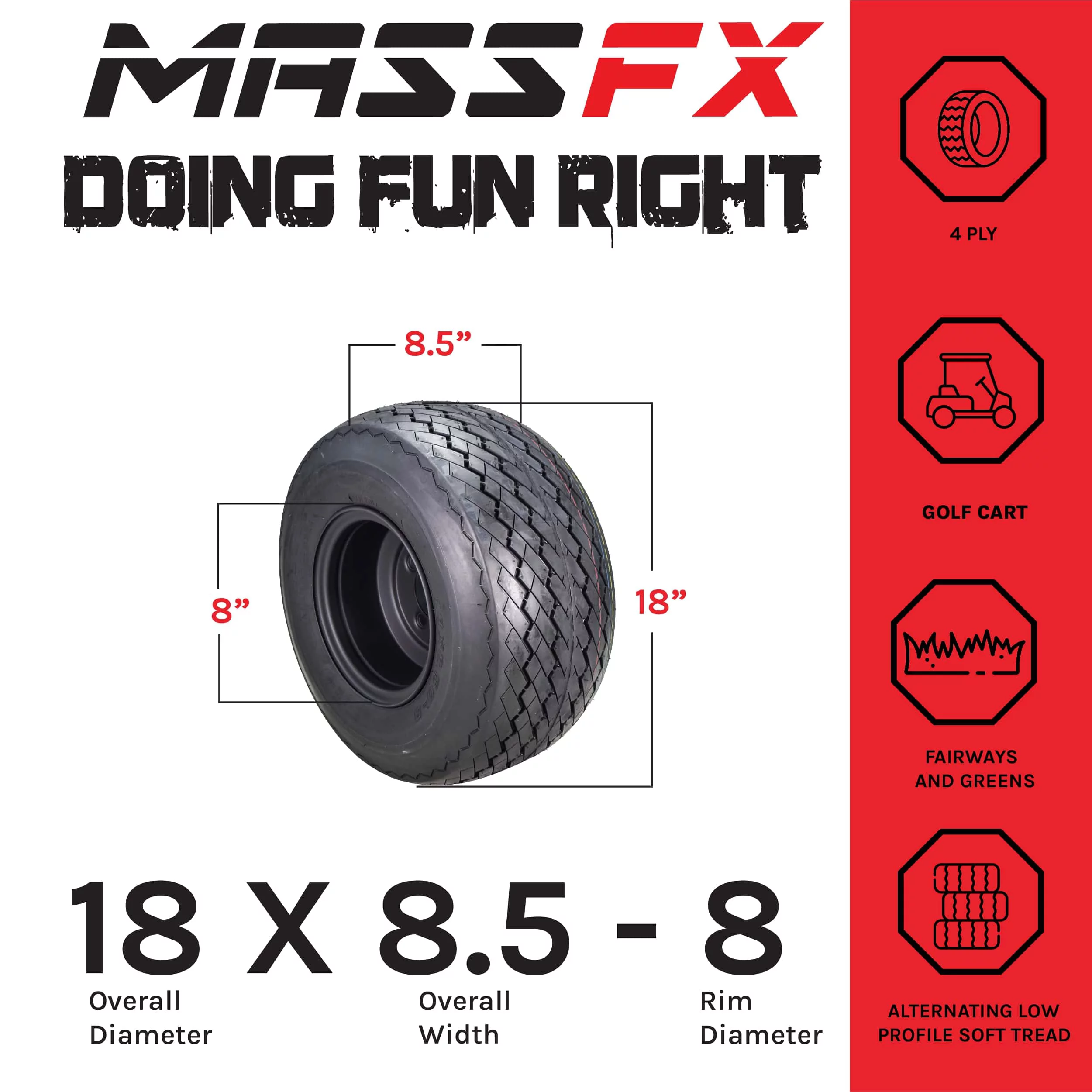 MASSFX 18x8.5-8 Golf Cart, Turf, Lawn & Garden Tire 4 Ply & 4/4 Matt Black Wheel Assembled Kit 18x8.5x8 - Inhomebuy