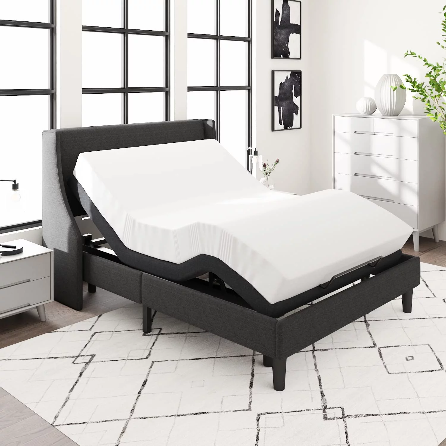 Allewie Queen Size Adjustable Bed Base Frame with New Generation Motor, Wireless Remote, Upholstered - Inhomebuy