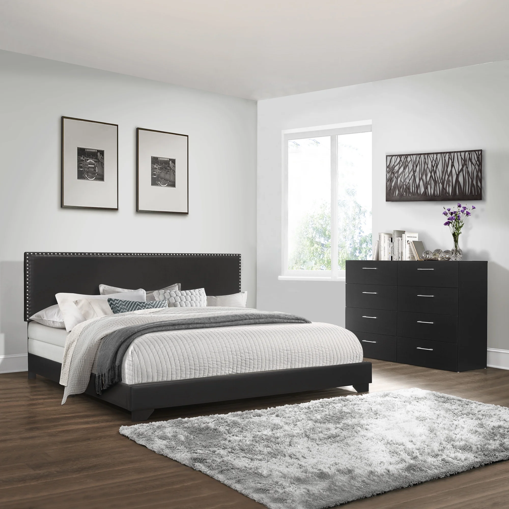 Willow Nailhead Trim Upholstered Queen Bed, Charcoal Fabric - Inhomebuy