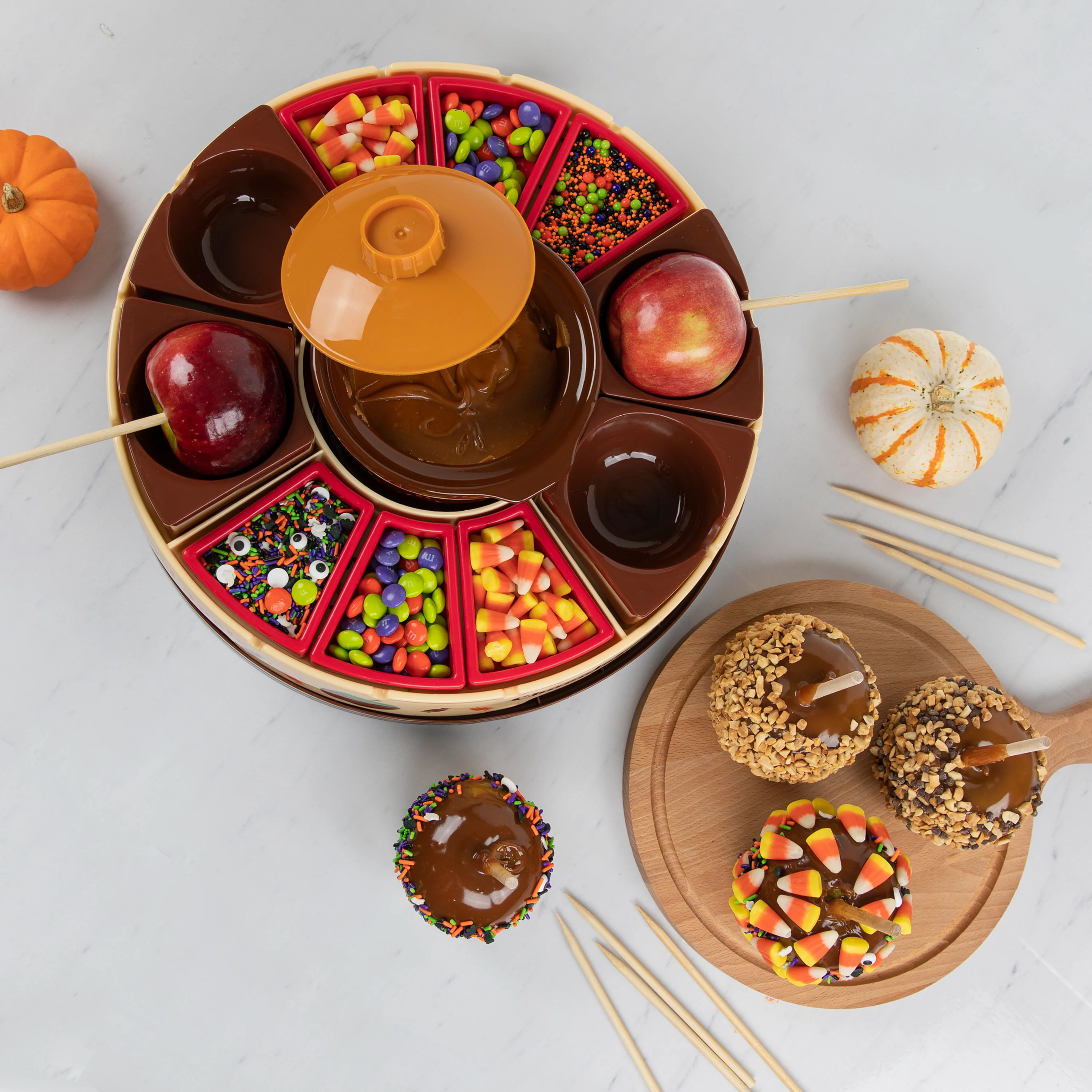 Lazy Susan Chocolate & Caramel Apple Party with Heated Fondue Pot, 25 Sticks, Decorating and Toppings Trays - Inhomebuy