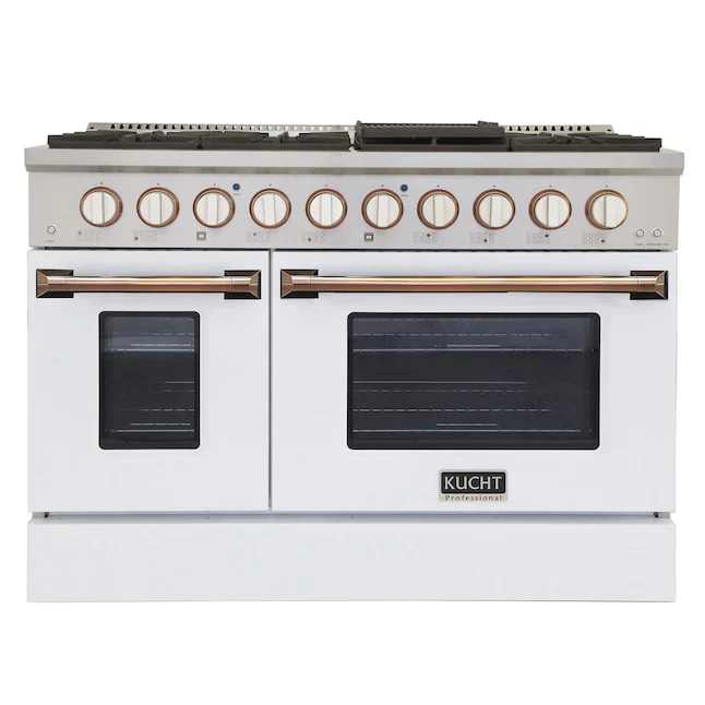 Kucht Signature 48 In. 6.7 cu ft. Natural Gas Range with White Door and Gold Accents, KNG481-W-GOLD - Inhomebuy