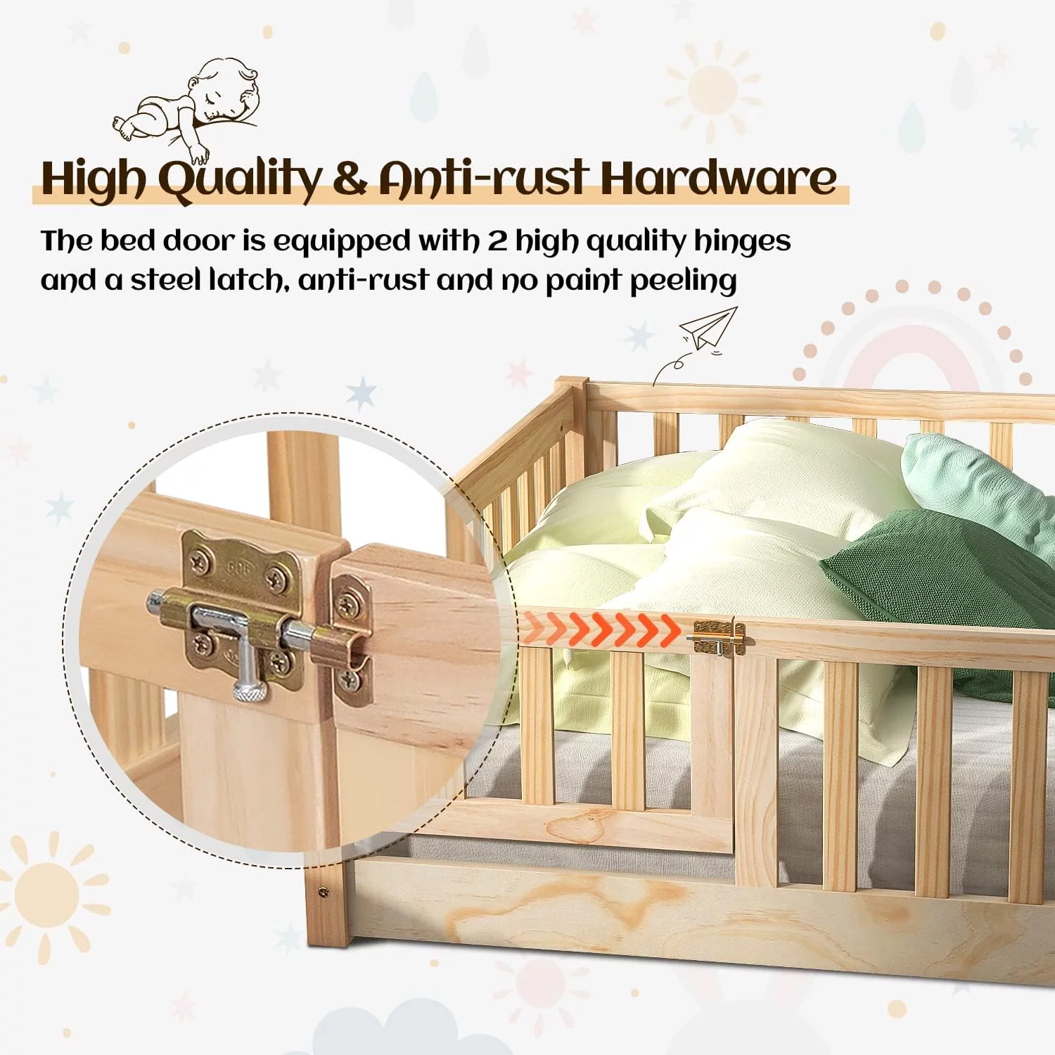 Twin Floor Bed Frame for Toddler, Montessori Floor Bed with Fence and Wood Slats, Low Wood Platform Beds for Girls Boys Kids Happy Time, White - Inhomebuy