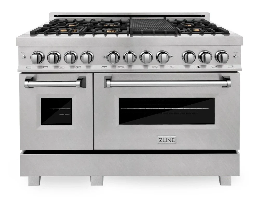 ZLINE 48 in. Professional Gas Burner/Electric Oven in DuraSnow® Stainless Steel with Brass Burners, RAS-SN-BR-48 - Inhomebuy