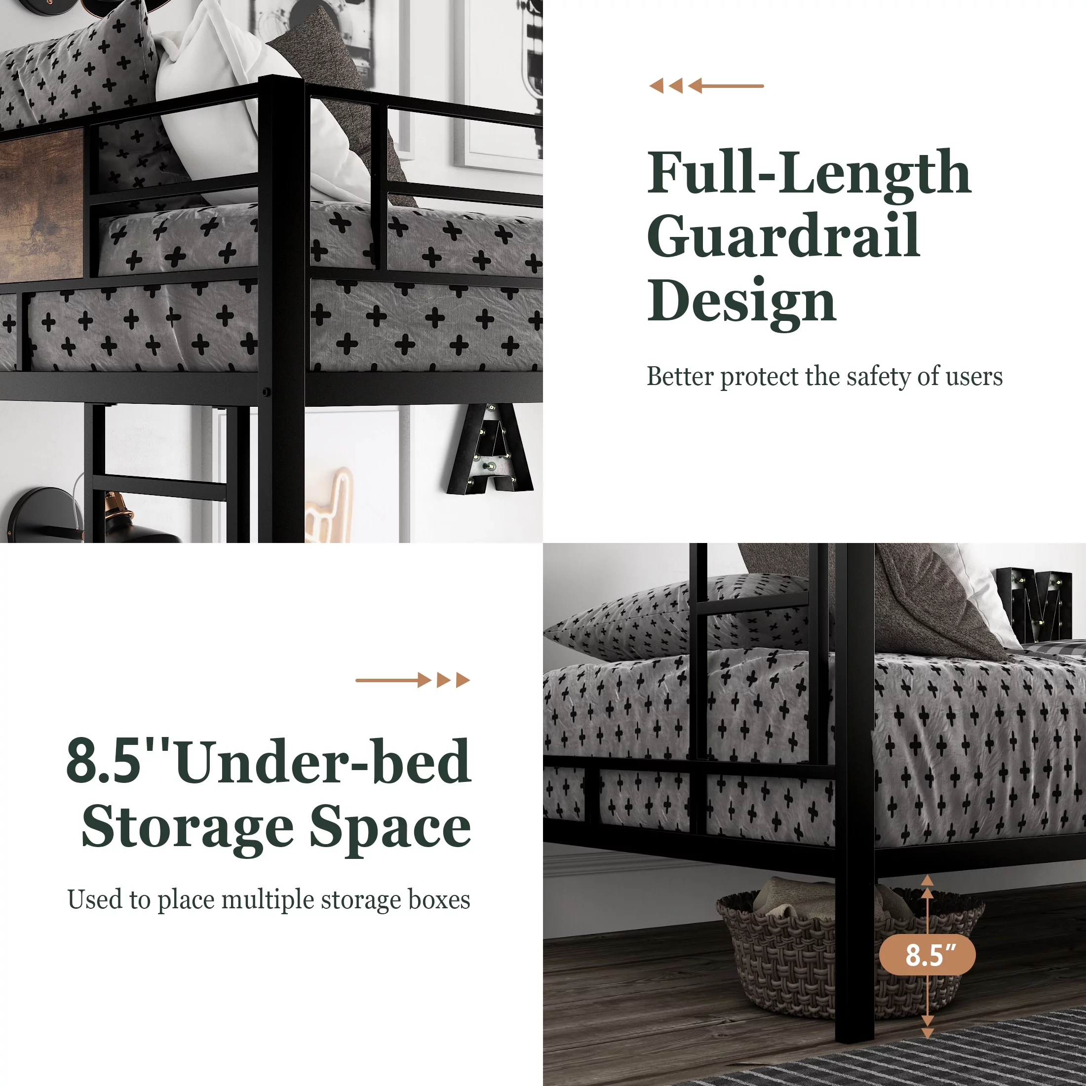 Amolife Metal Twin Over Twin Size Bunk Bed Frame with Stairs & Full-Length Guardrail, Black - Inhomebuy