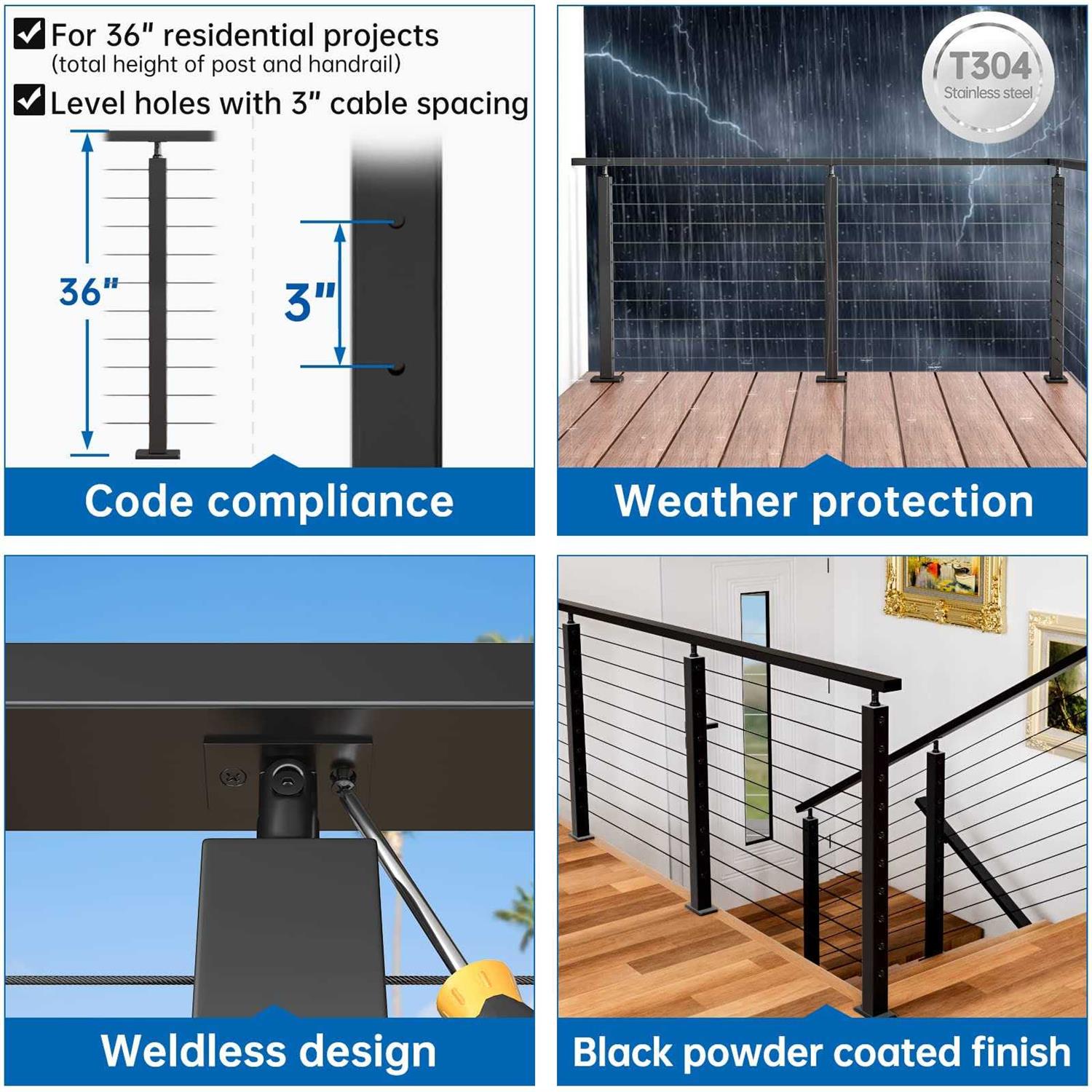 Muzata Cable Railing Kit 1/8 Swage Toggle Turnbuckle Hardware T316 Stainless Steel For Wood Post Woodeasy System Angle 180° Adjustable - Inhomebuy
