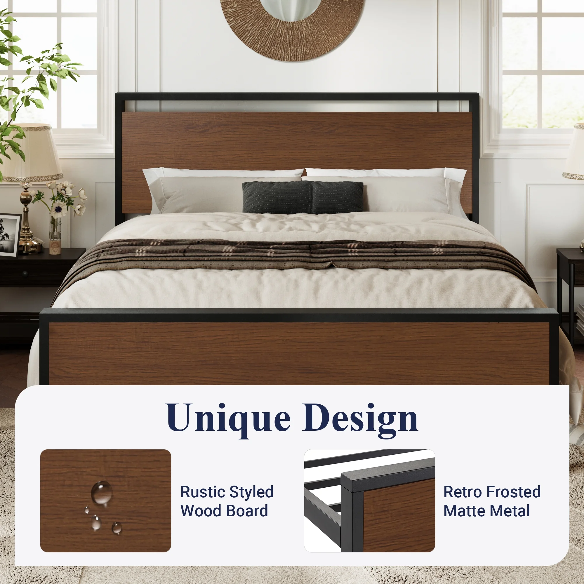 Allewie Sanders Queen Size Metal Platform Bed Frame with Wood Headboard and Footboard & Metal Slat - Inhomebuy