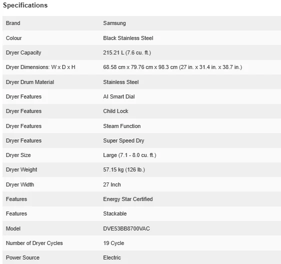 SAMSUNG BESPOKE 27 IN. 7.6 CU. FT. BLACK STAINLESS STEEL ELECTRIC DRYER WITH SUPER SPEED DRY - DVE53 - Inhomebuy