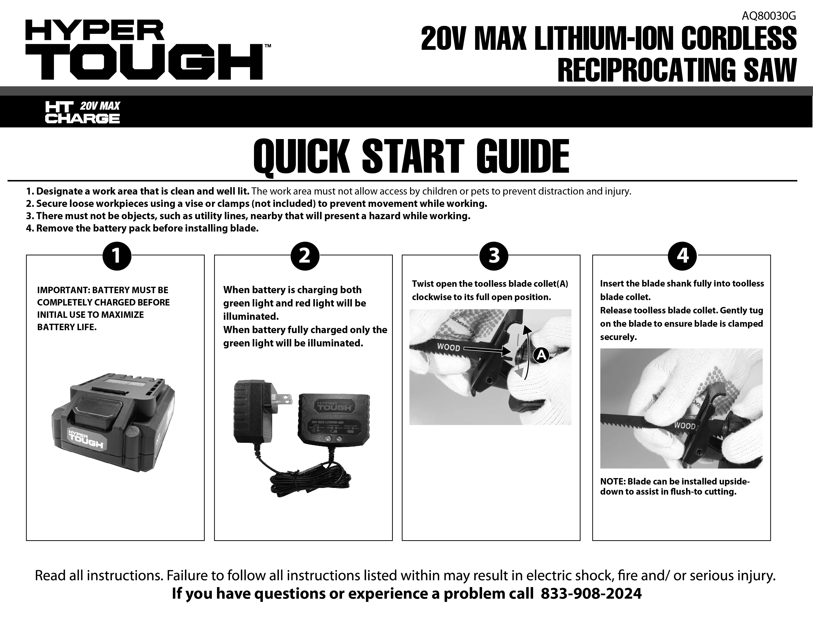 Hyper Tough 20V Max Lithium-ion Cordless Reciprocating Saw, Variable Speed, Keyless Blade Change, with 1.5Ah Lithium-Ion Battery and Charger, Wood Blade and LED Light - Inhomebuy