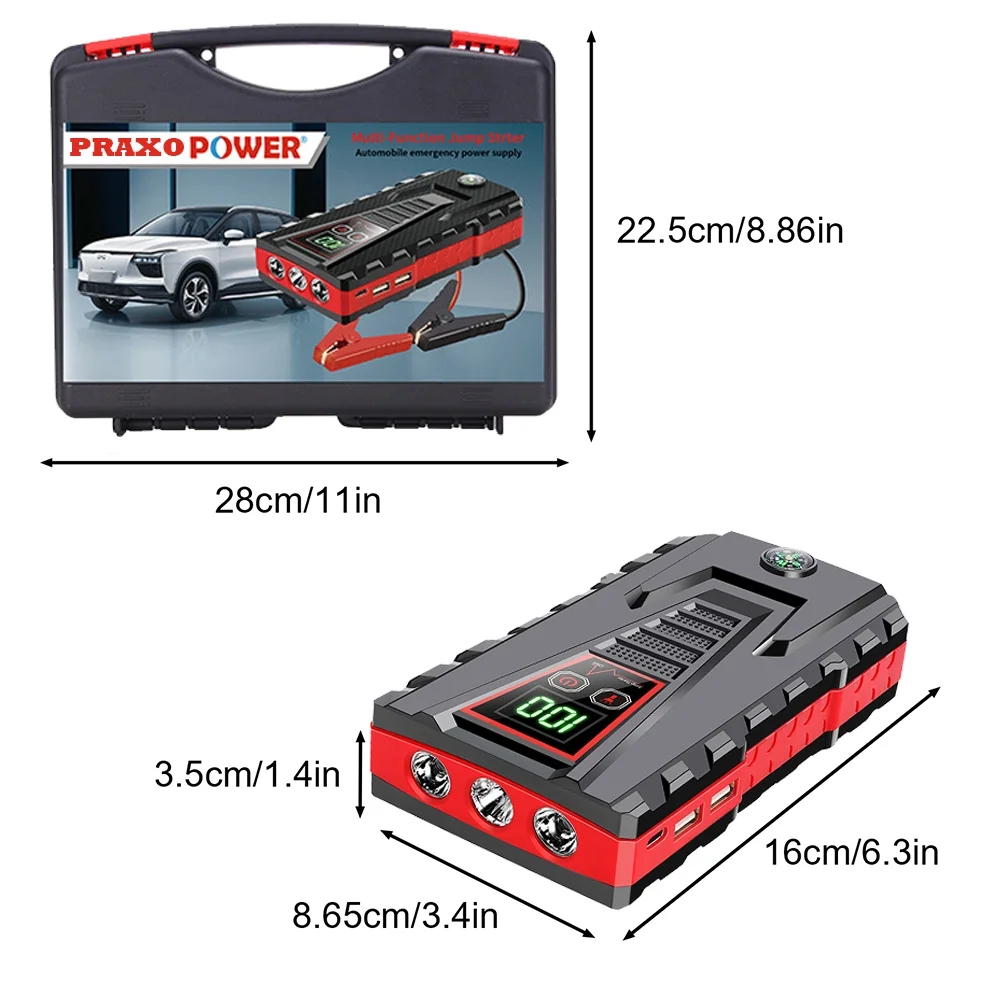 PRAXO Multi-functional Car Jump Starter, 5000A Peak 99800mAh Battery Jump Starter, 12V Car Battery Charger, Auto Battery Booster w/ LCD Display & 3 LED Modes, Portable Power Bank Charger - Inhomebuy