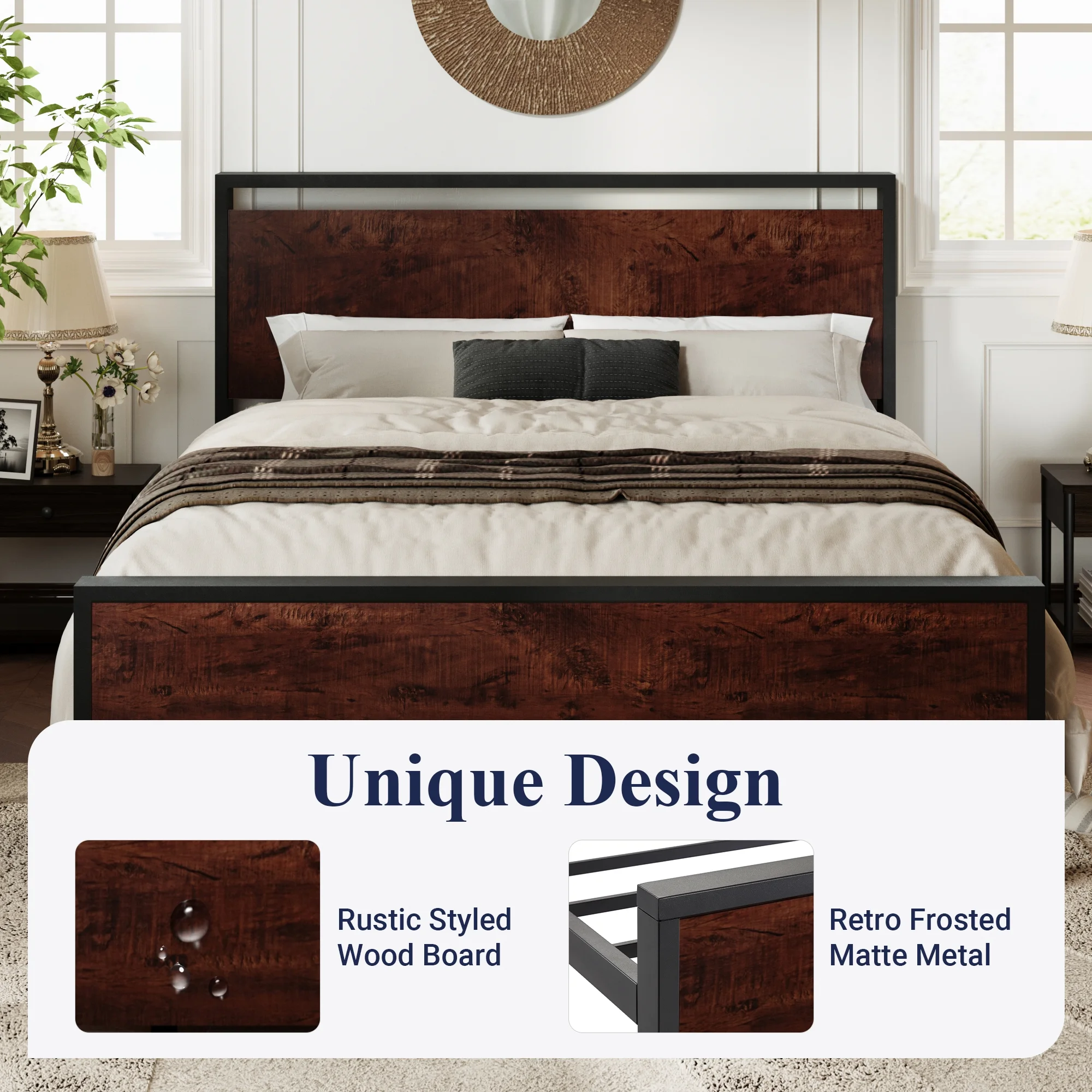 Allewie Sanders Queen Size Metal Platform Bed Frame with Wood Headboard and Footboard & Metal Slat - Inhomebuy