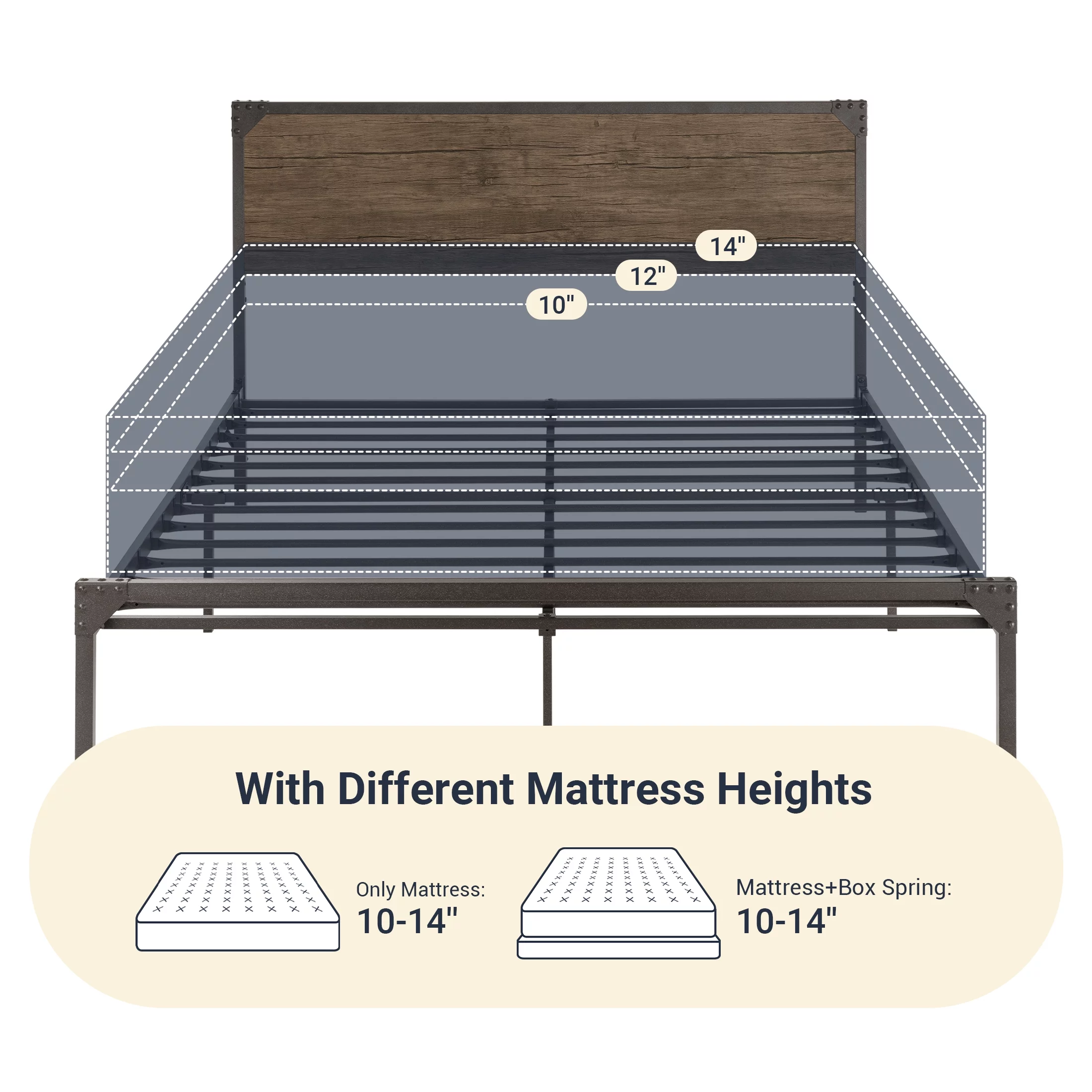 Allewie Queen Size Industrial Metal Platform Bed Frame with Wooden Rivet Headboard,  No Box Spring Needed, Brown - Inhomebuy