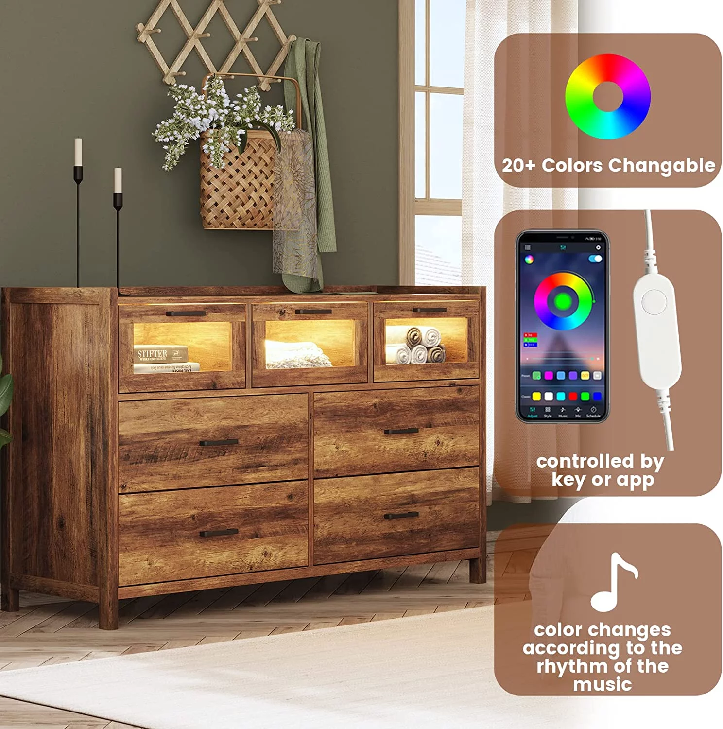 7 Drawer Dresser, Chest of Drawers with LED Lights, Wide Storage Organizer, Black Finish - Inhomebuy