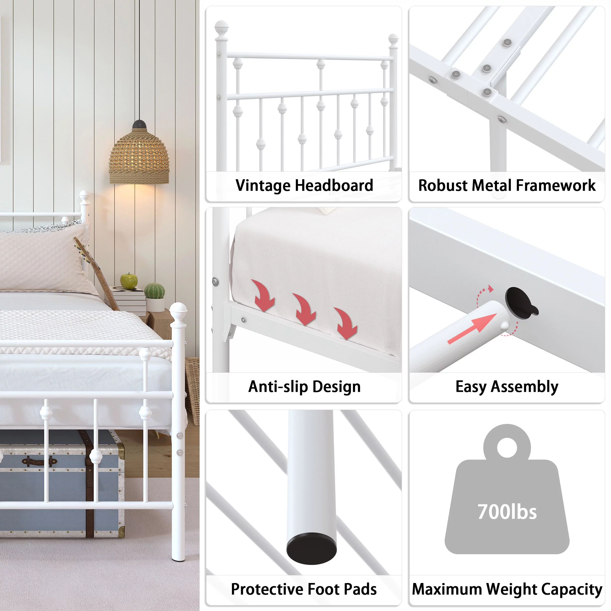 Yoneston Full Size Metal Platform Bed Frame with Retro Headboard Footboard, 14