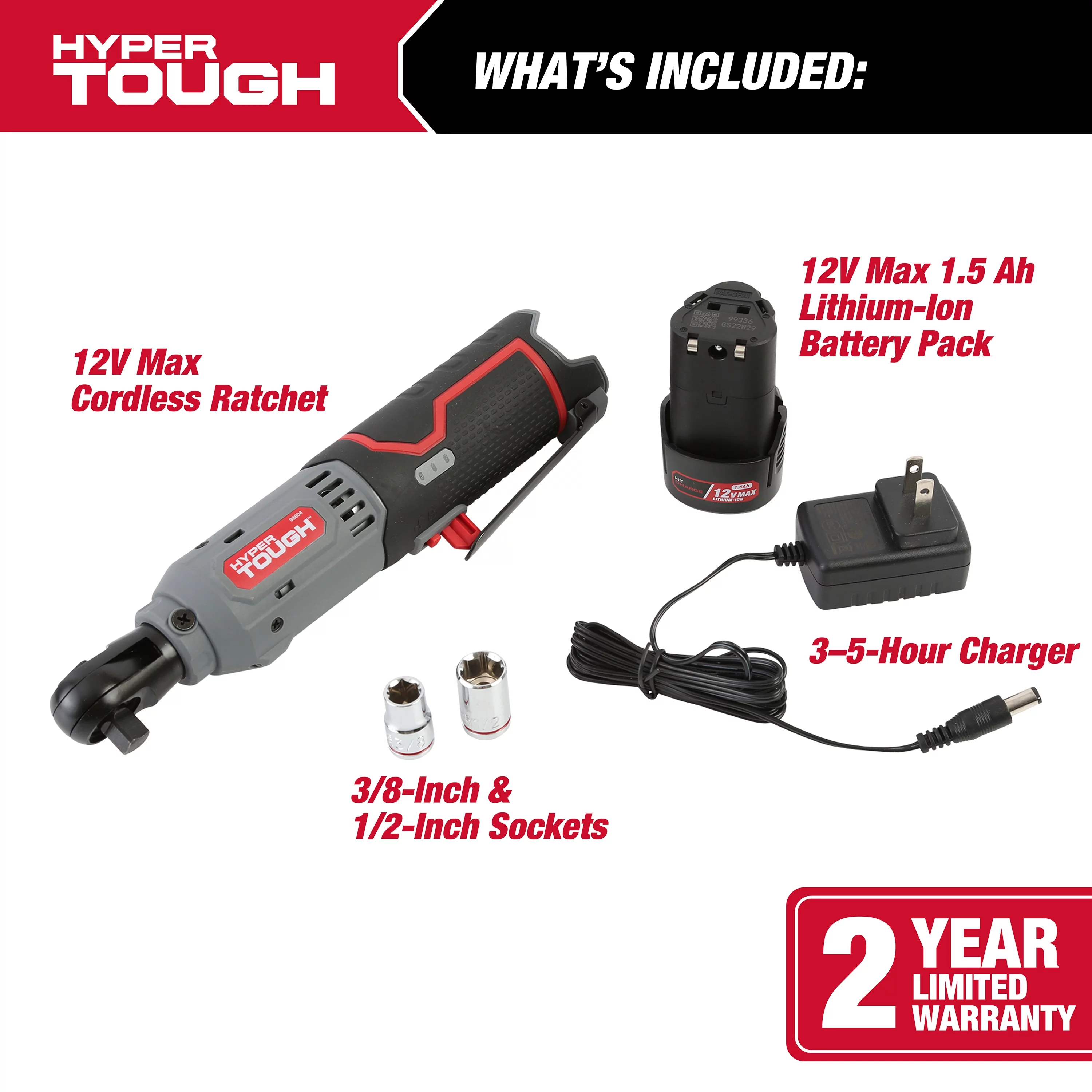 Hyper Tough 12V Max* Lithium-Ion Cordless 3/8-Inch Ratchet with 1.5Ah Battery and Charger, 98804 - Inhomebuy