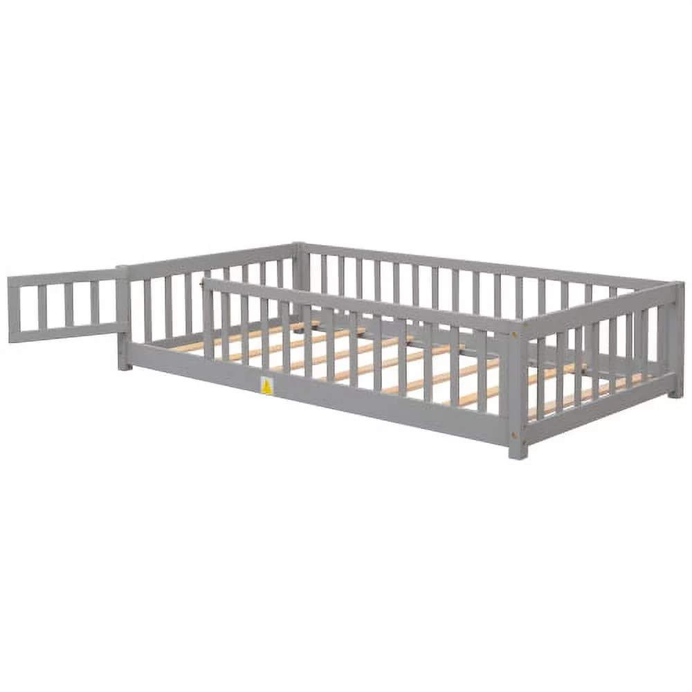 Twin Floor Bed Frame for Toddler, Montessori Floor Bed with Fence and Wood Slats, Low Wood Platform Beds for Girls Boys Kids Happy Time, White - Inhomebuy