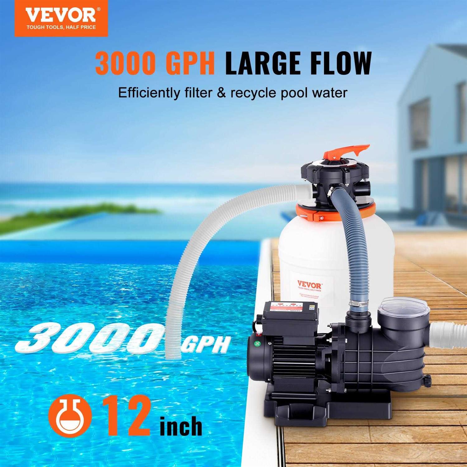 VEVOR Sand Filter Pump GPH Swimming Pool Pump Filter Set with 6-Way Multi-Port Valve Pool - Inhomebuy