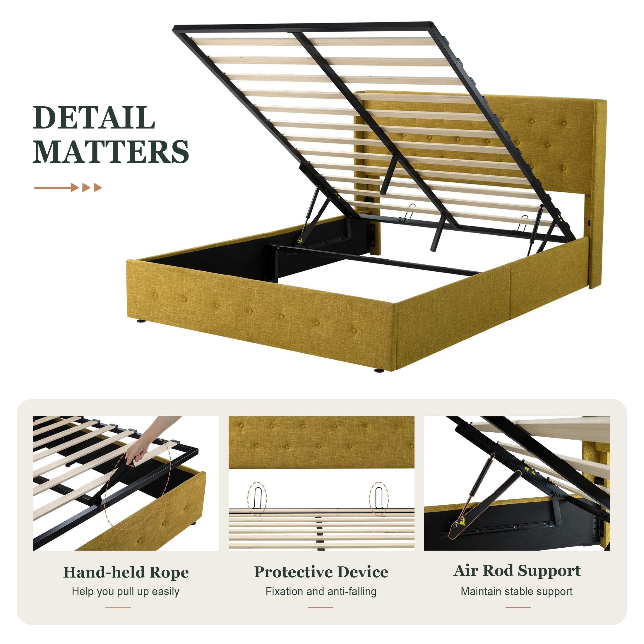 Amolife King Size Upholstered Lift up Storage Platform Bed Frame with Channel Wingback Headboard, Beige, Adult - Inhomebuy