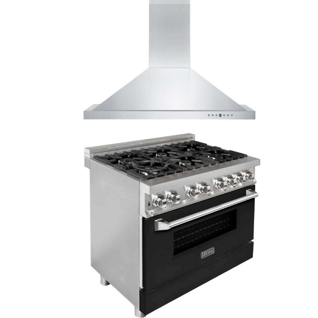 ZLINE 36 in. Dual Fuel Range with Black Matte Doors & 36 in. Range Hood Appliance Package, 2KP-RABLMRH36 - Inhomebuy