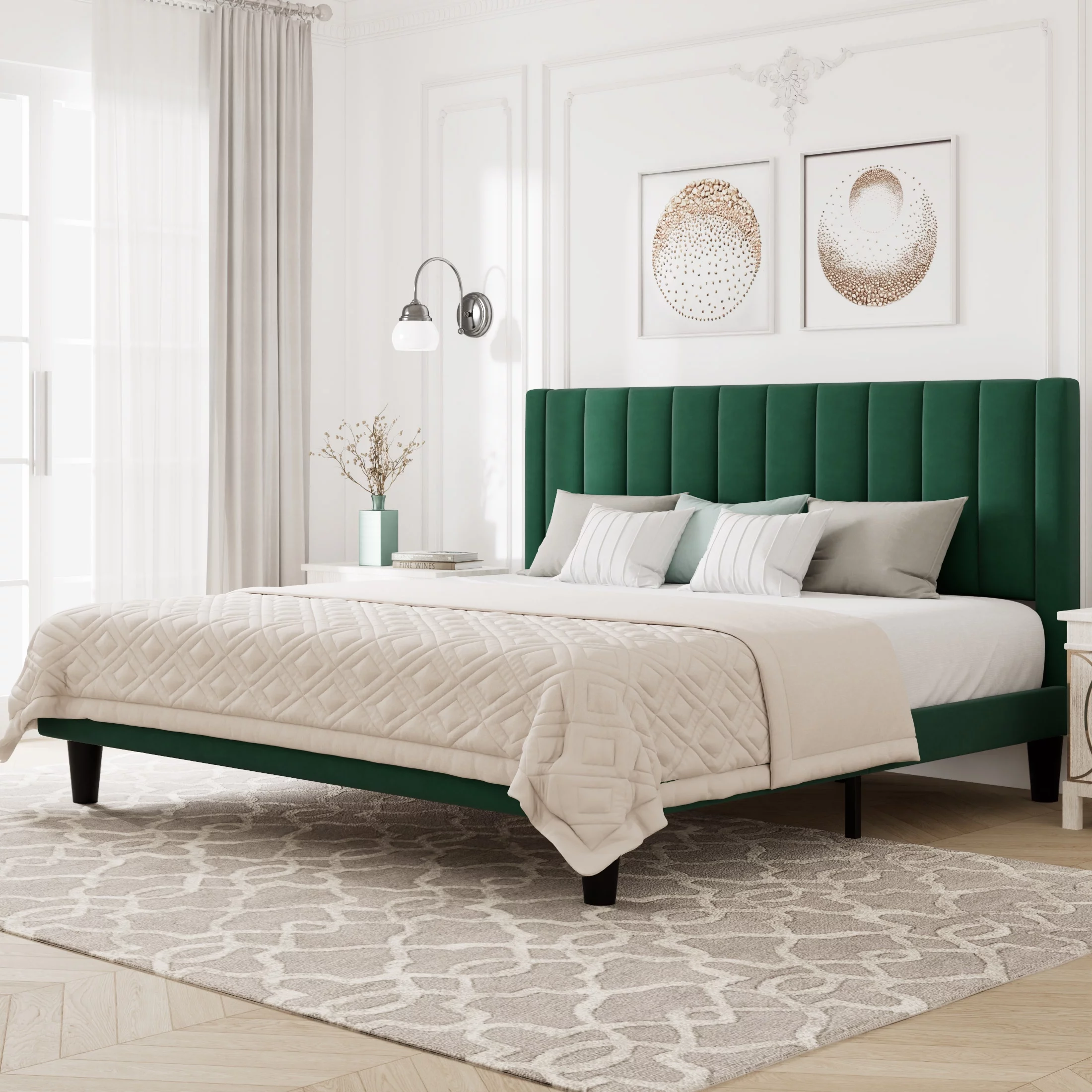 Allewie Queen Velvet Upholstered Bed Frame with Vertical Channel Tufted Headboard, Light Pink - Inhomebuy