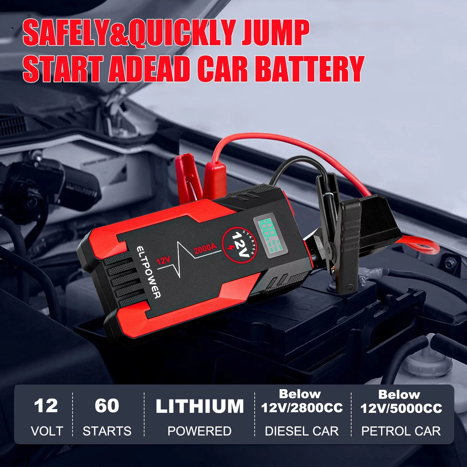 ELTPOWER 20000mAh Car Battery Jump Starter for Up to 9L Gas 7L Diesel, 2000A Peak Auto Car Jump Starter with LED and USB Quick Charge 3.0 - Inhomebuy