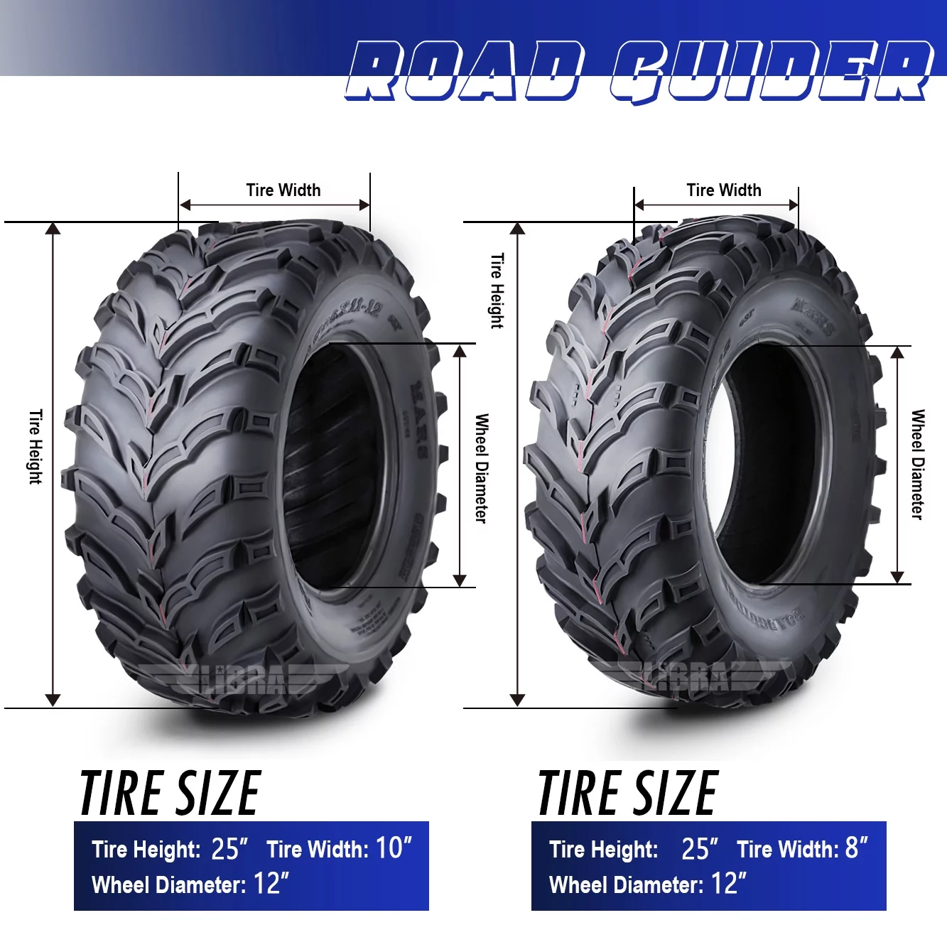 Roadguider ATV/UTV Tires 25x8-12 Front & 25x10-12 Rear 6PR 10272/273, Set 4 - Inhomebuy