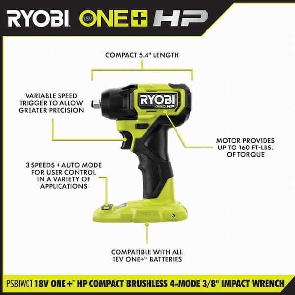 RYOBI ONE+ HP 18V Brushless Cordless Compact Impact Wrench Ah Battery - Inhomebuy