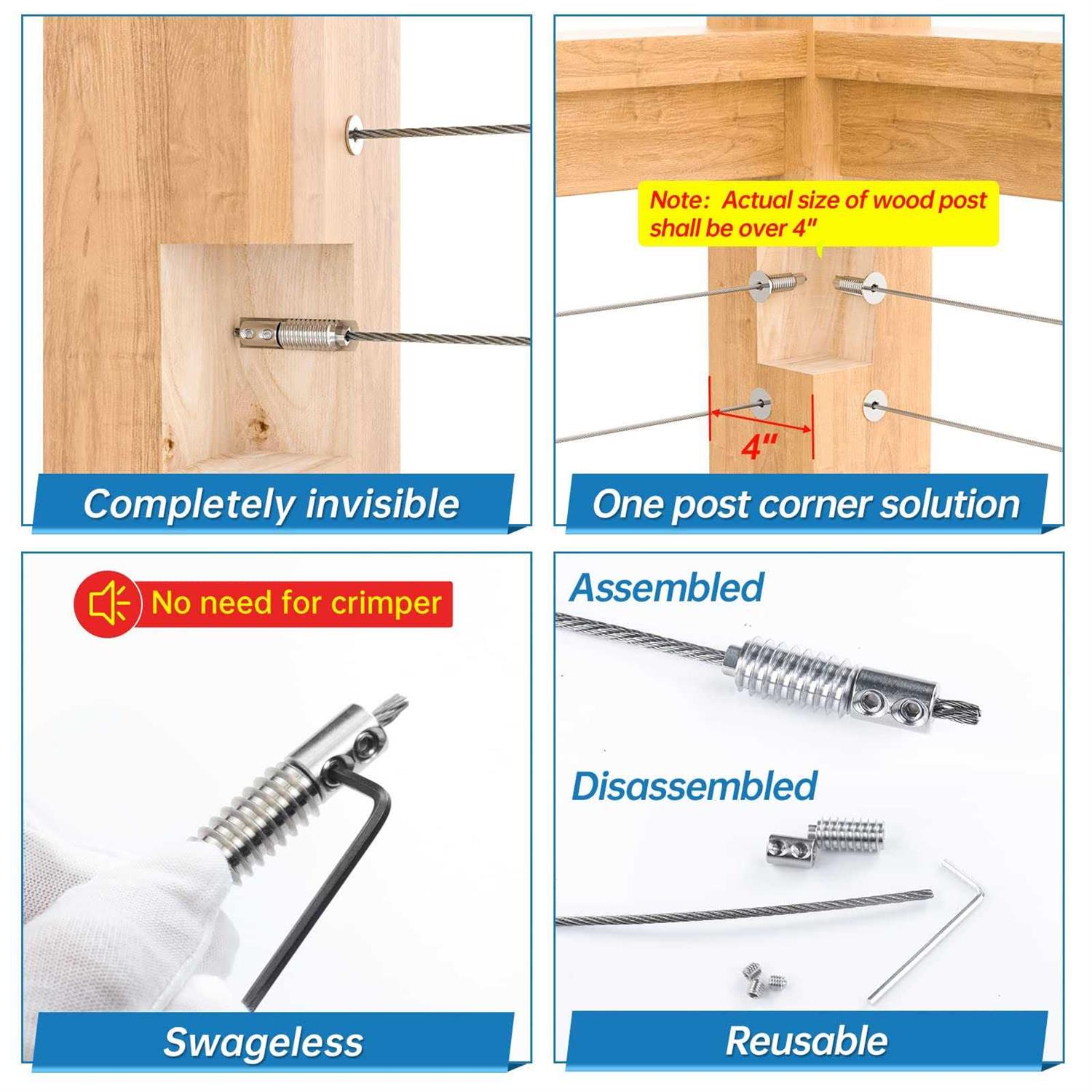 Muzata 1/8 Invisible Cable Railing Kit Lag Screw Cable Genie Tensioner Hidden T316 Stainless Steel for 4×4 6×6 8×8 Wood Posts Deck - Inhomebuy