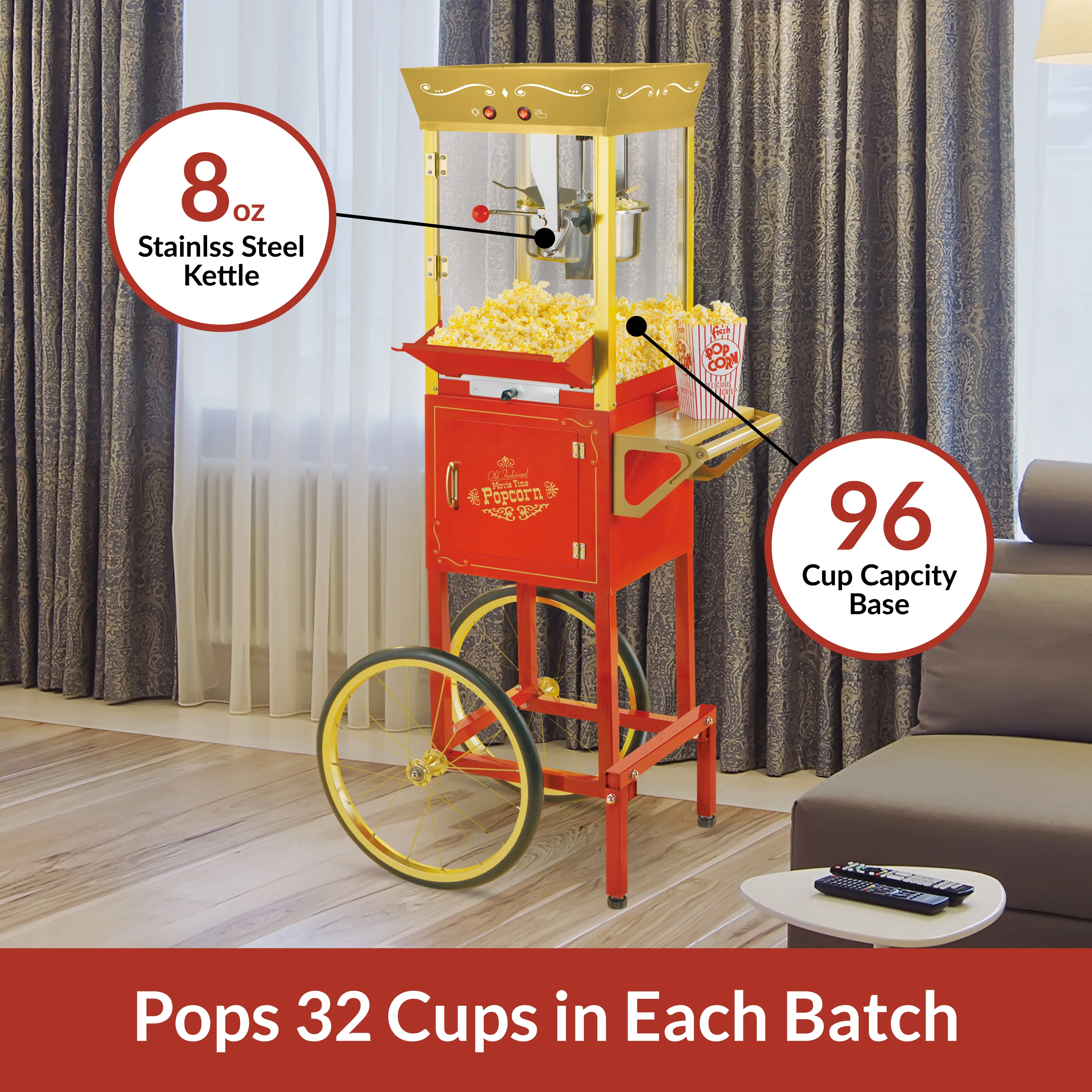 Vintage Professional Popcorn Cart - 8-Ounce Kettle - 53 Inches Tall - Red & Gold - Inhomebuy