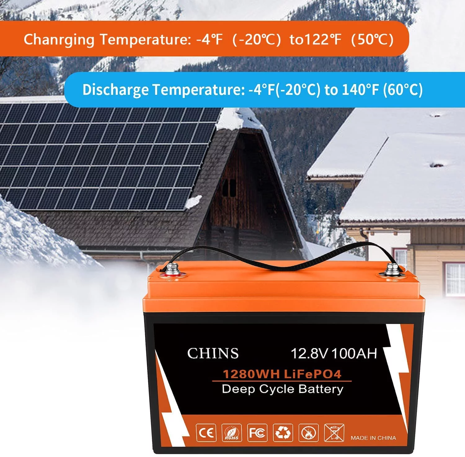 CHINS Smart LiFePO4 Lithium Iron Battery 12.8V 100Ah for Boat Fishing - Inhomebuy