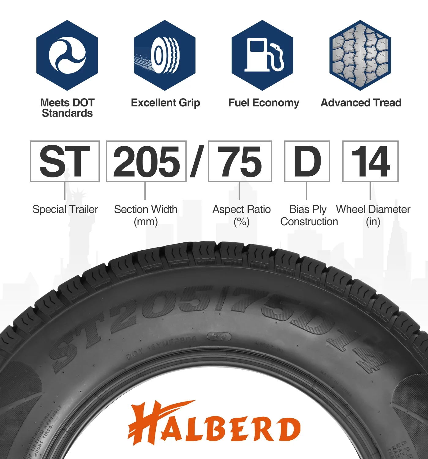 HALBERD 6PR  ST215/75D14 215 75 14 Trailer Tires  14in Load Range C Fuel-saving Designed Trailer Tires - Inhomebuy