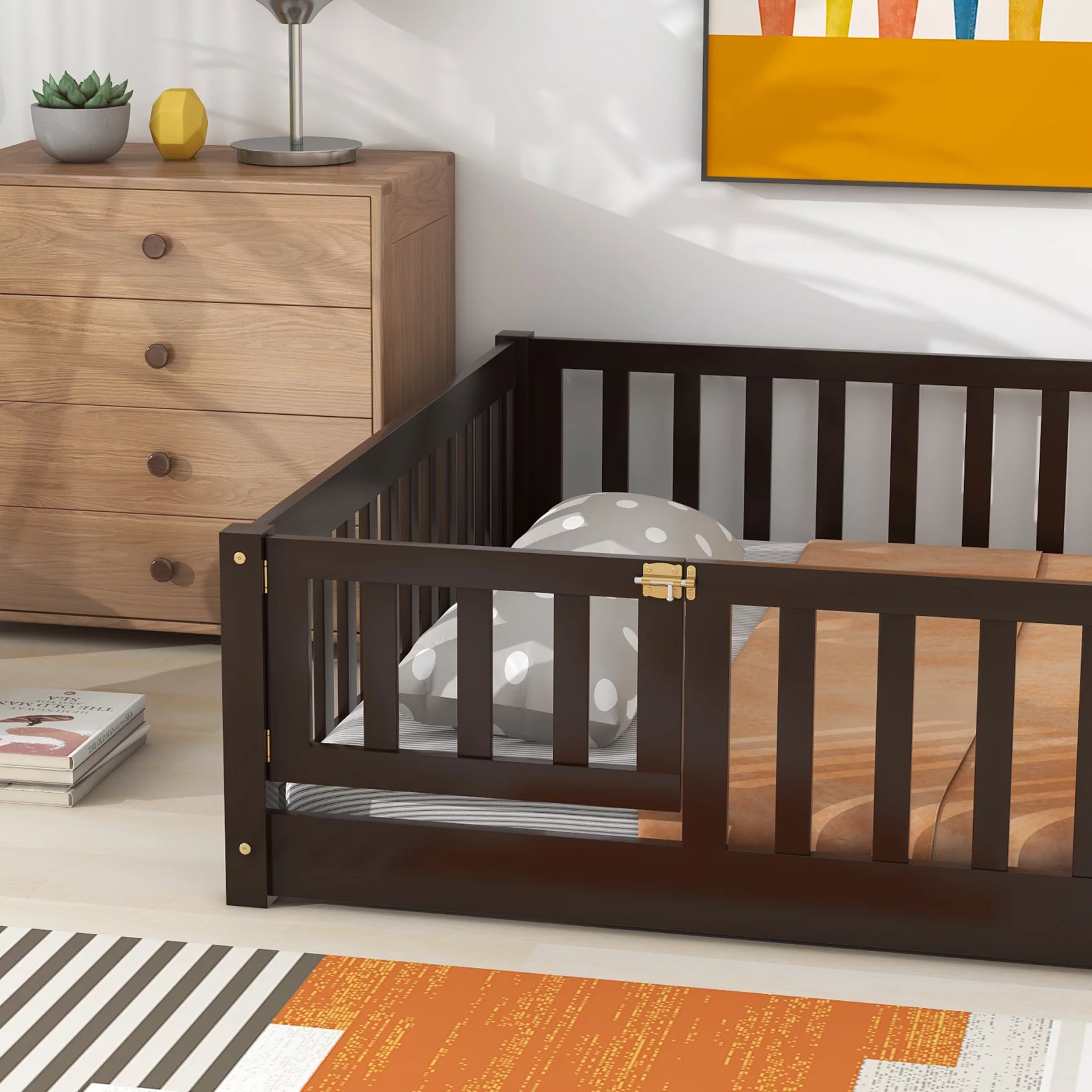 Twin Floor Bed Frame for Toddler, Montessori Floor Bed with Fence and Wood Slats, Low Wood Platform Beds for Girls Boys Kids Happy Time, White - Inhomebuy