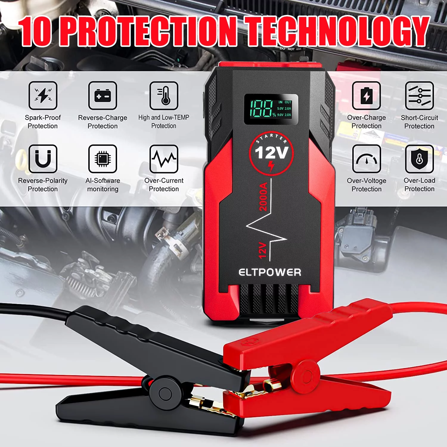 ELTPOWER 20000mAh Car Battery Jump Starter for Up to 9L Gas 7L Diesel, 2000A Peak Auto Car Jump Starter with LED and USB Quick Charge 3.0 - Inhomebuy