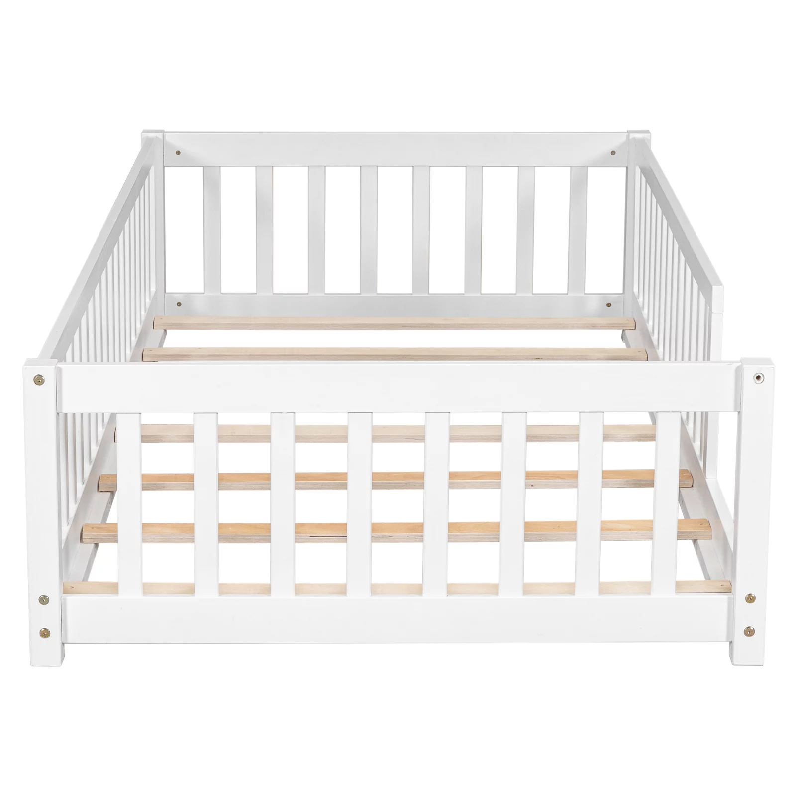 Twin Floor Bed Frame for Toddler, Montessori Floor Bed with Fence and Wood Slats, Low Wood Platform Beds for Girls Boys Kids Happy Time, White - Inhomebuy