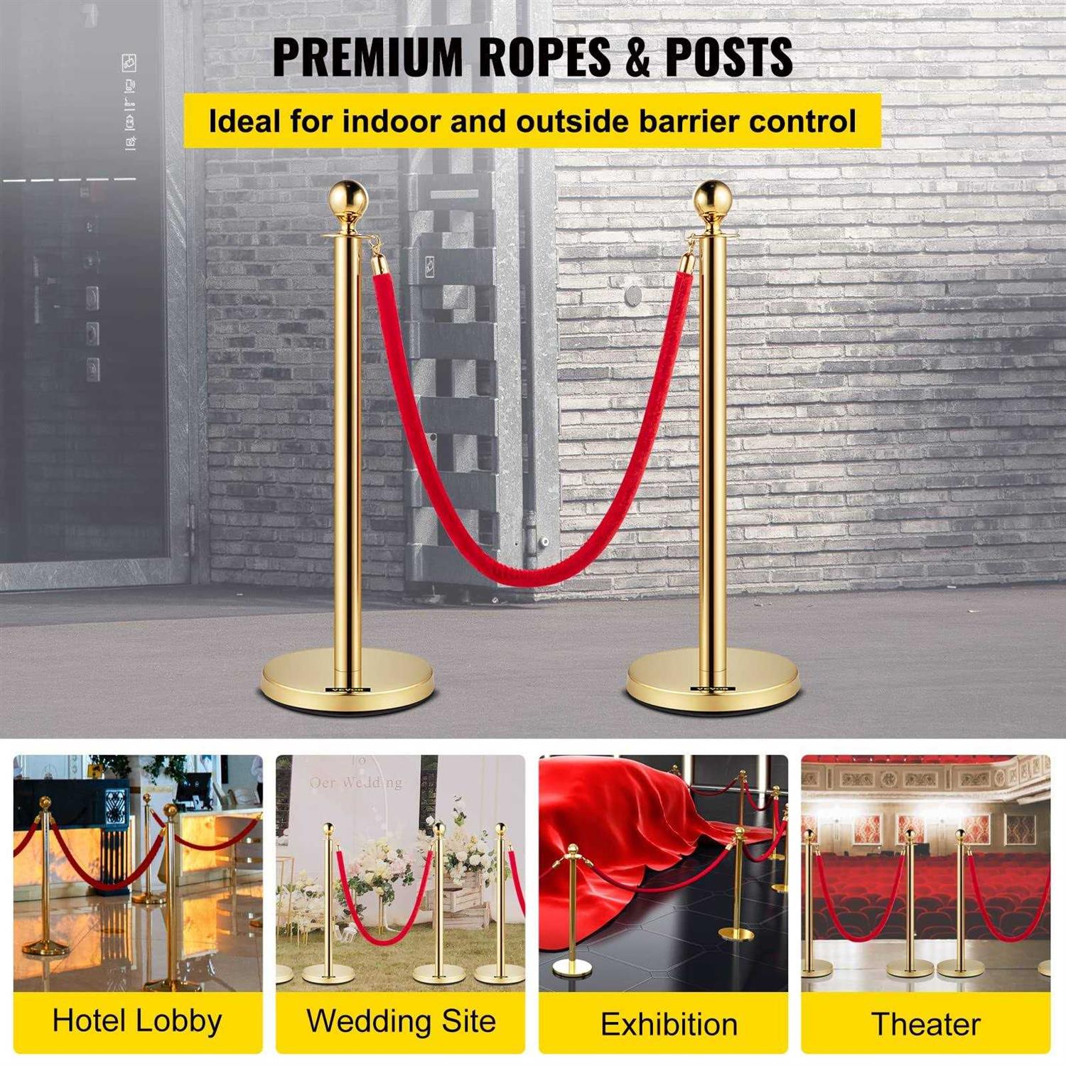 VEVOR Velvet Ropes and Posts 5 ft. Red Rope Stainless Steel Gold Stanchion with Ball Top Crowd Control Barrier - Inhomebuy