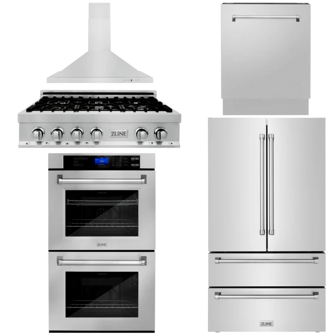 ZLINE 5-Piece Appliance Package - 36 In. Gas Rangetop, Range Hood, Refrigerator, Dishwasher and Wall Oven in Stainless Steel, 5KPR-RTRH36-AWDDWV - Inhomebuy