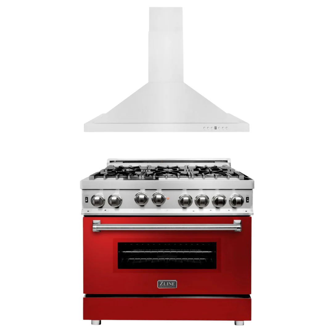 ZLINE 36 in. Gas Range with Red Gloss Door & 36 in. Range Hood Appliance Package, 2KP-RGRGRH36 - Inhomebuy