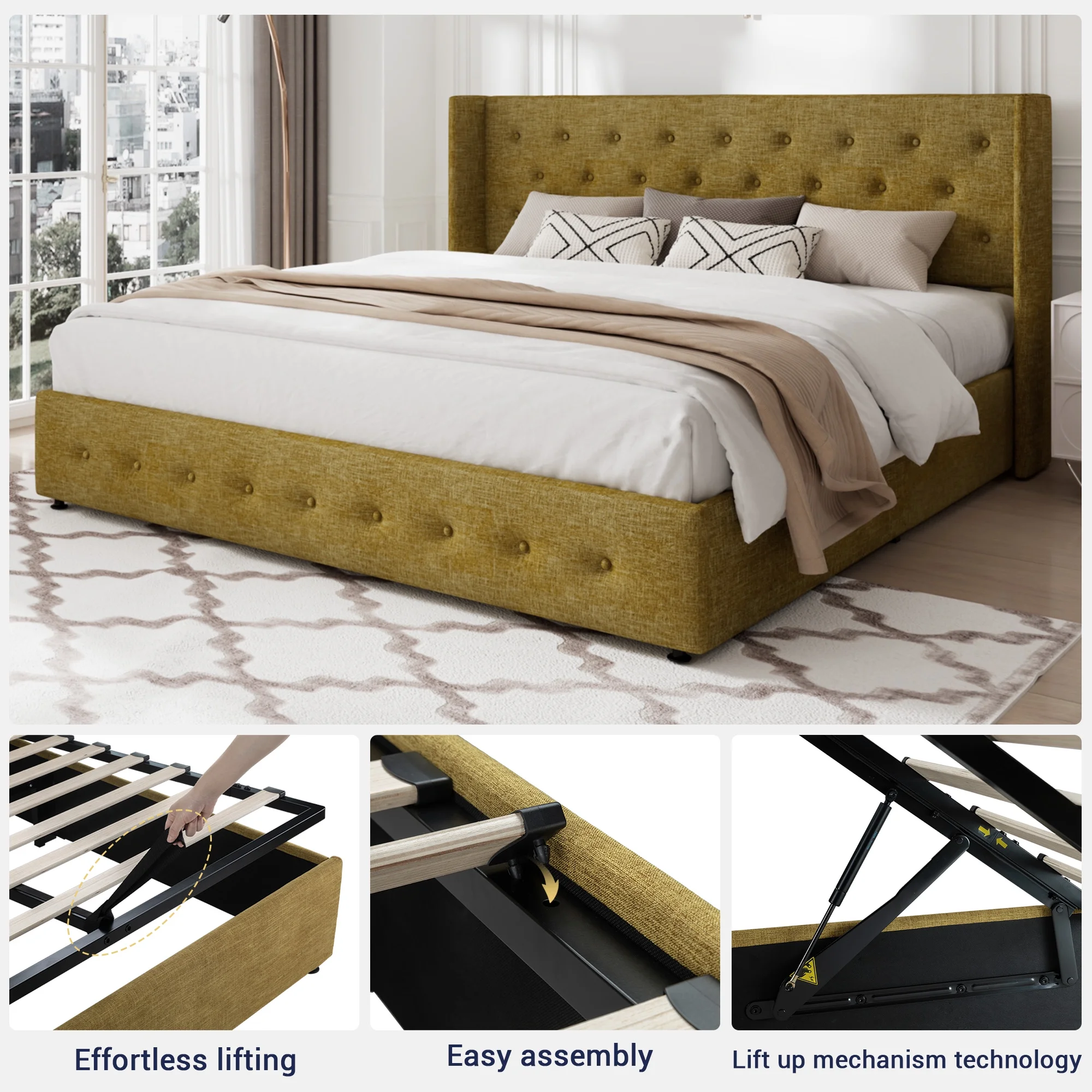 Allewie Queen Size Lift Up Platform Storage Bed Frame with Pannel Wingback Headboard, Light Beige - Inhomebuy