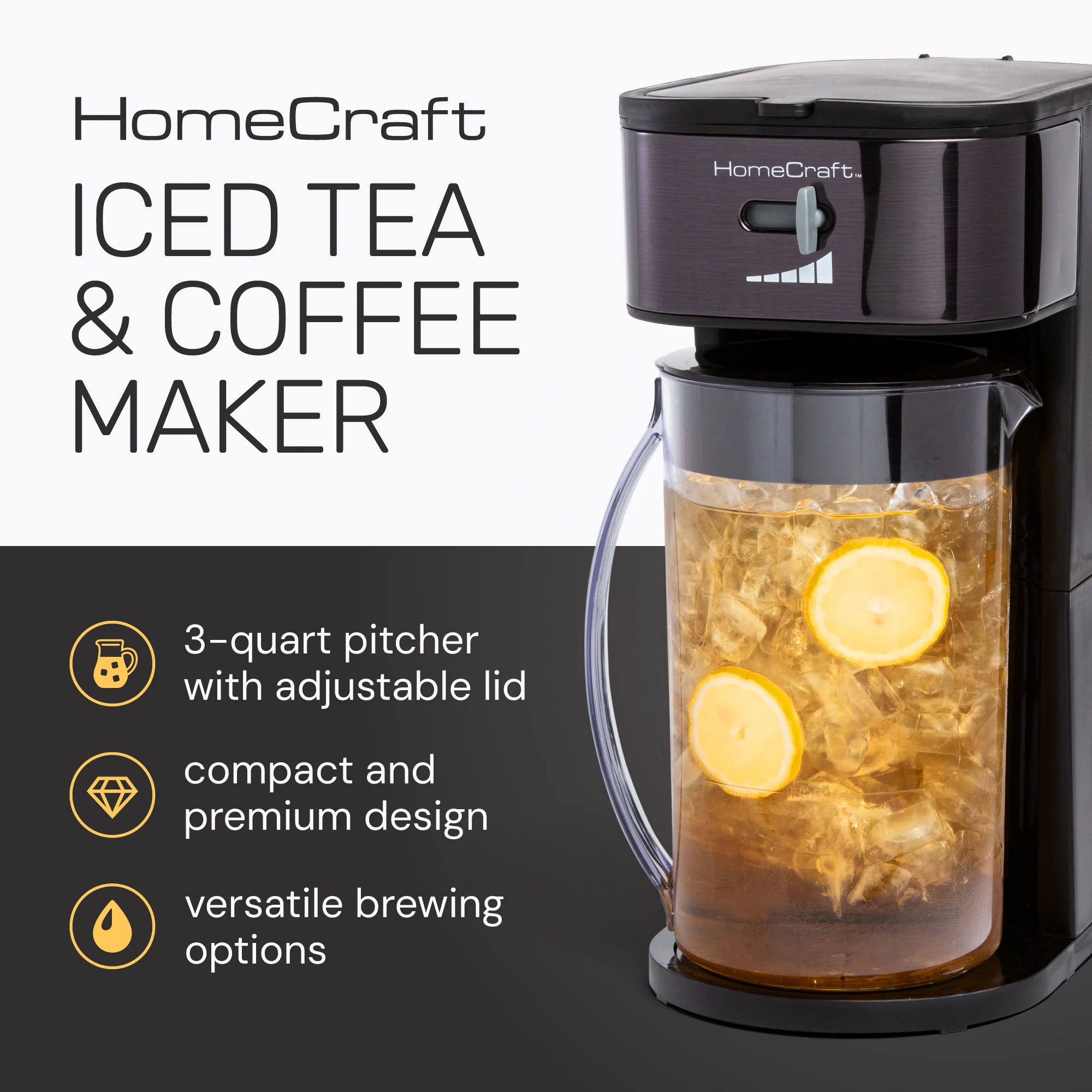 HomeCraft 3-Quart Black Stainless Steel Café' Ice Iced Coffee and Tea Brewing System - Inhomebuy