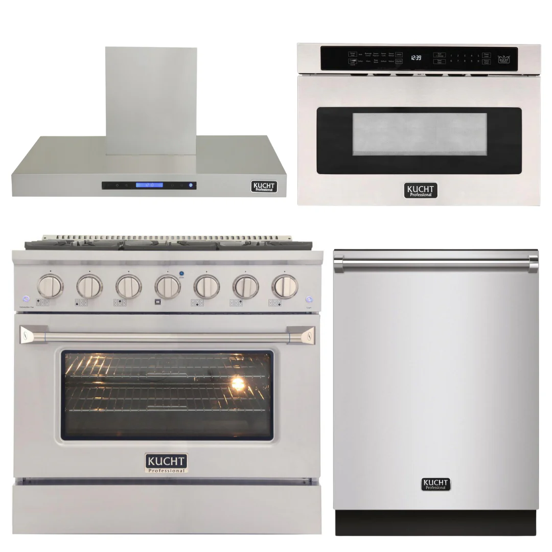 Kucht Professional 36 in. 5.2 cu ft. Natural Gas Range, Range Hood, Microwave Drawer & Dishwasher Package, AP-KNG361-S-8 - Inhomebuy