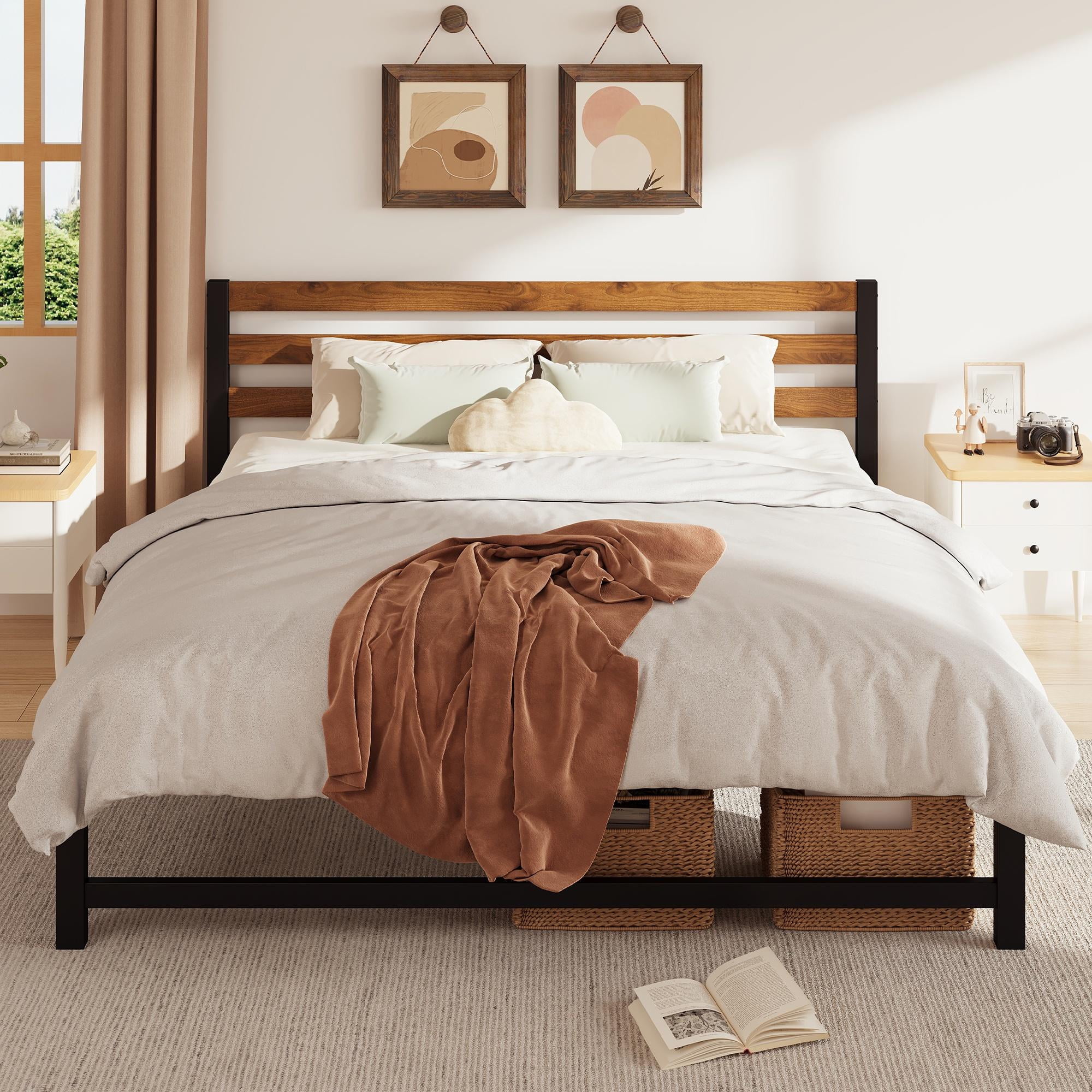 uhomepro Queen Platform Bed Frame with Headboard, Rustic Brown and Black Metal Platform Bed Frame with Heavy Duty Metal Slats, No Box Spring Needed - Inhomebuy