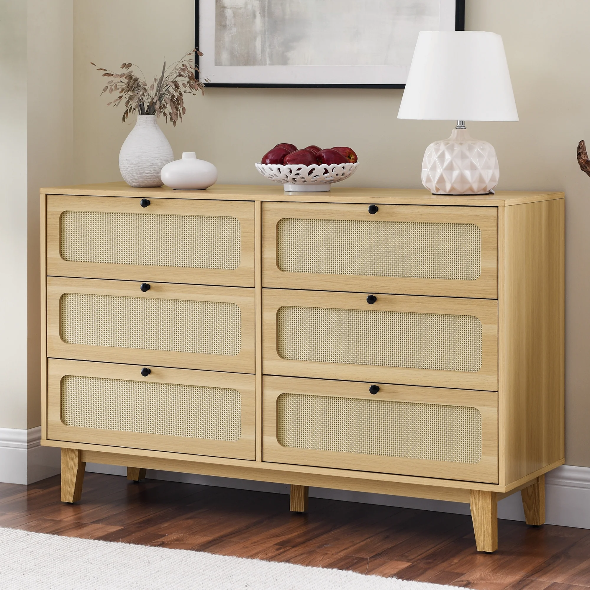 6 Drawer Rattan Dresser, Modern Dresser with Rattan Drawers, Farmhouse Chest of Drawers for Hallway, Living Room, Bedroom - Inhomebuy
