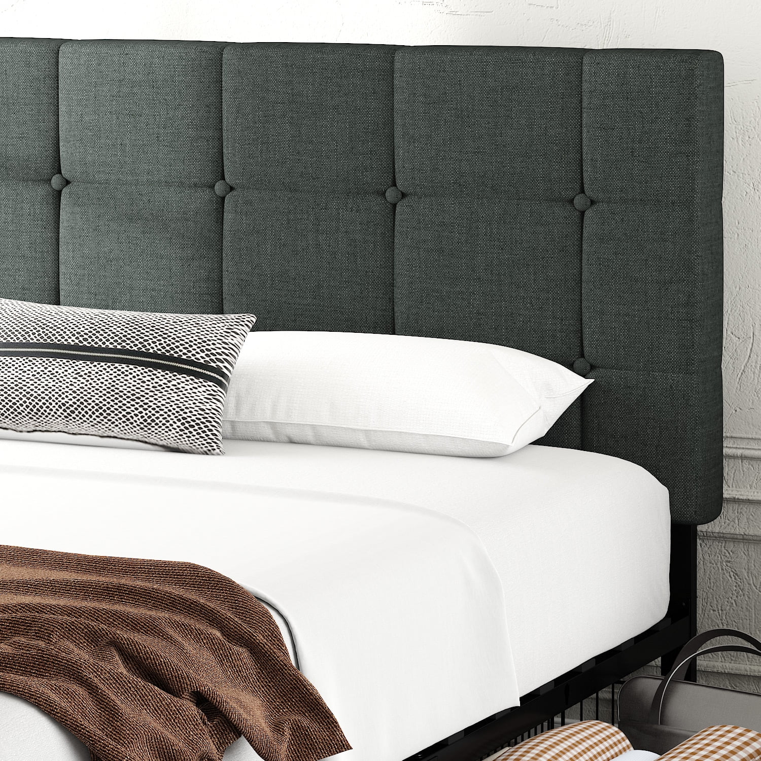 Amolife Queen Size Platform Bed Frame with Headboard and 4 Storage Drawers, Button Tufted Style, Dark Grey, Mattress Not Included - Inhomebuy
