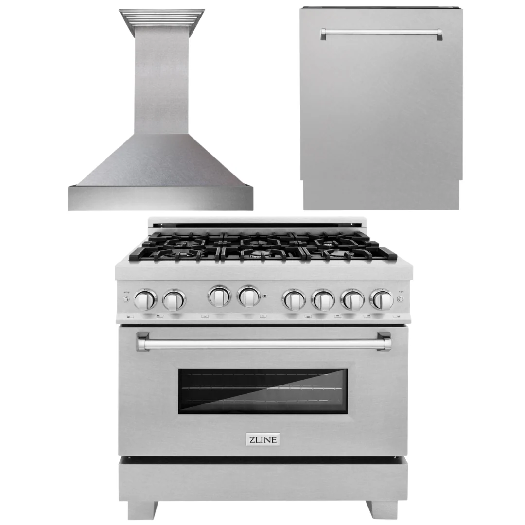 ZLINE 36 in. Kitchen Appliance Package with DuraSnow® Stainless Steel Gas Range, Ducted Range Hood and Dishwasher, 3KP-RGSRH36-DW - Inhomebuy