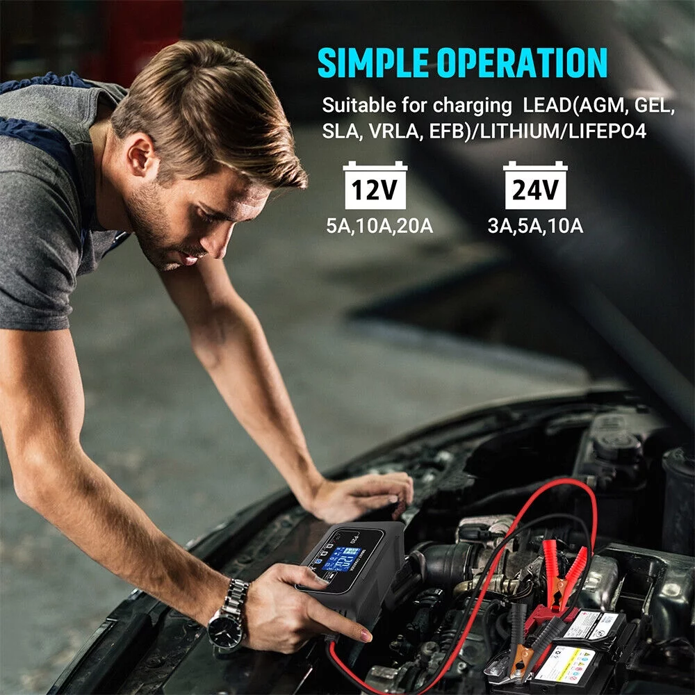 JahyShow Intelligent 12V/24V Battery Charger - Fast Charging with LCD Display, 20A Amp - Inhomebuy