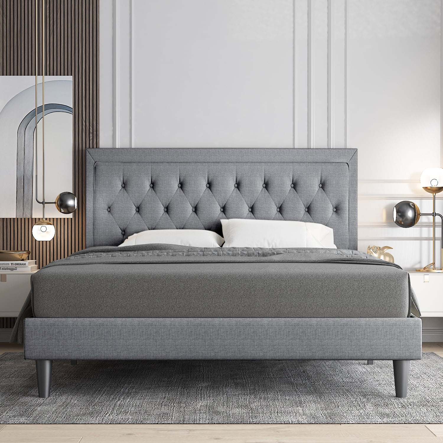 Allewie Queen Size Bed Frame Upholstered Platform Bed with Adjustable Headboard, Box Spring not Needed, Dark Grey - Inhomebuy